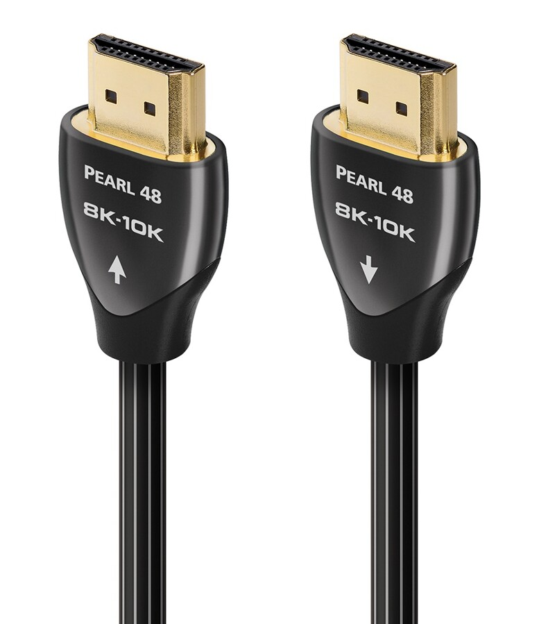 Dwa czarne kable HDMI Pearl 48 8K-10K ze złoconymi złączami.