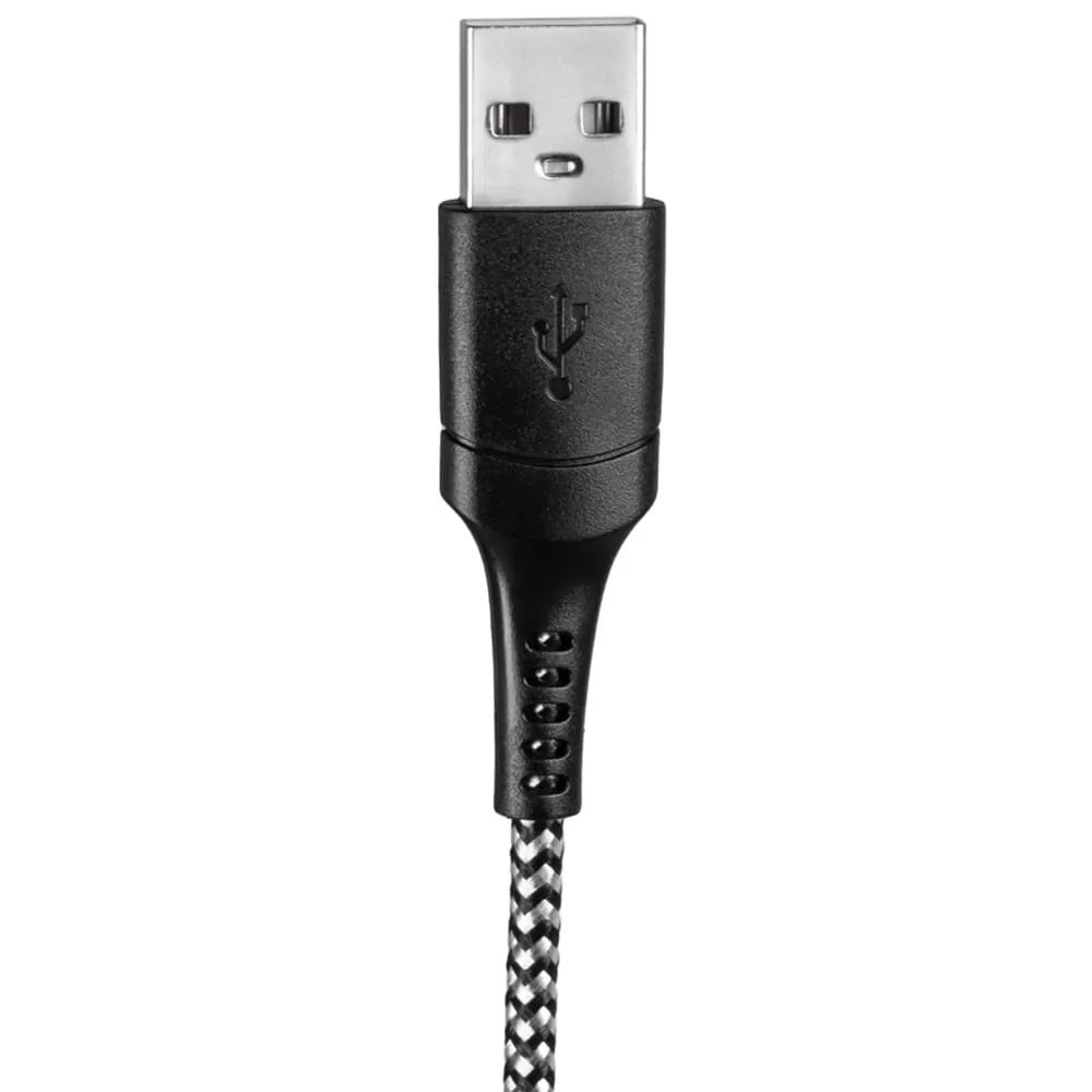 Czarne złącze USB z plecionym kablem na białym tle.