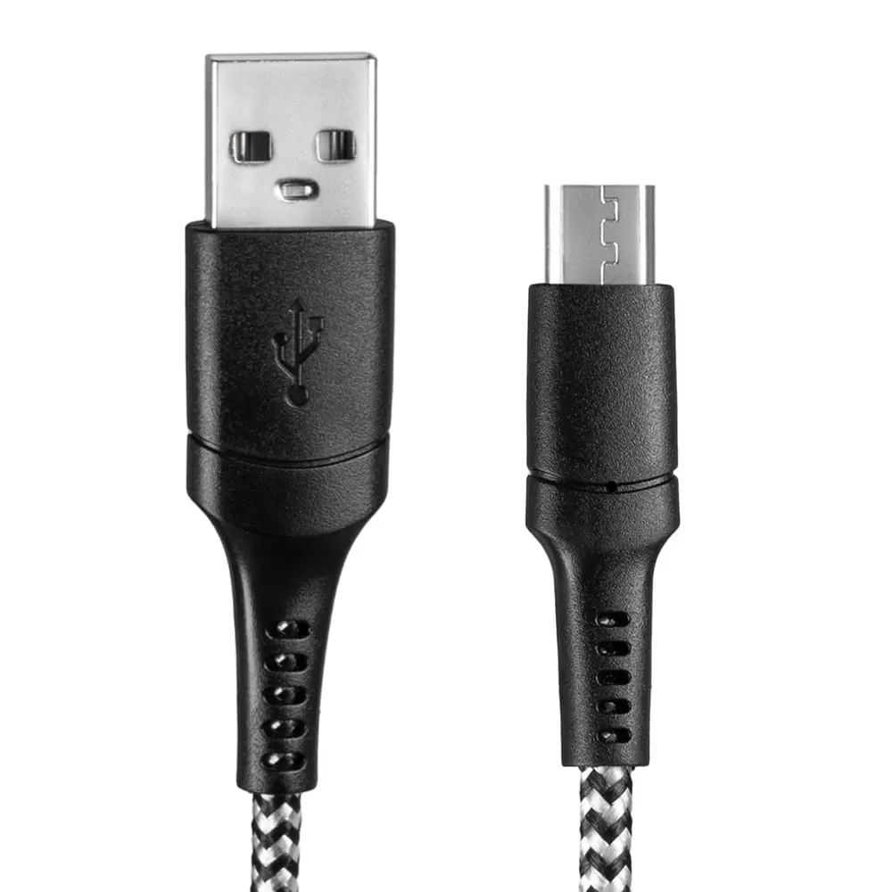 Standardowe złącze USB-A i złącze micro-USB z czarno-białym kablem w oplocie na białym tle.