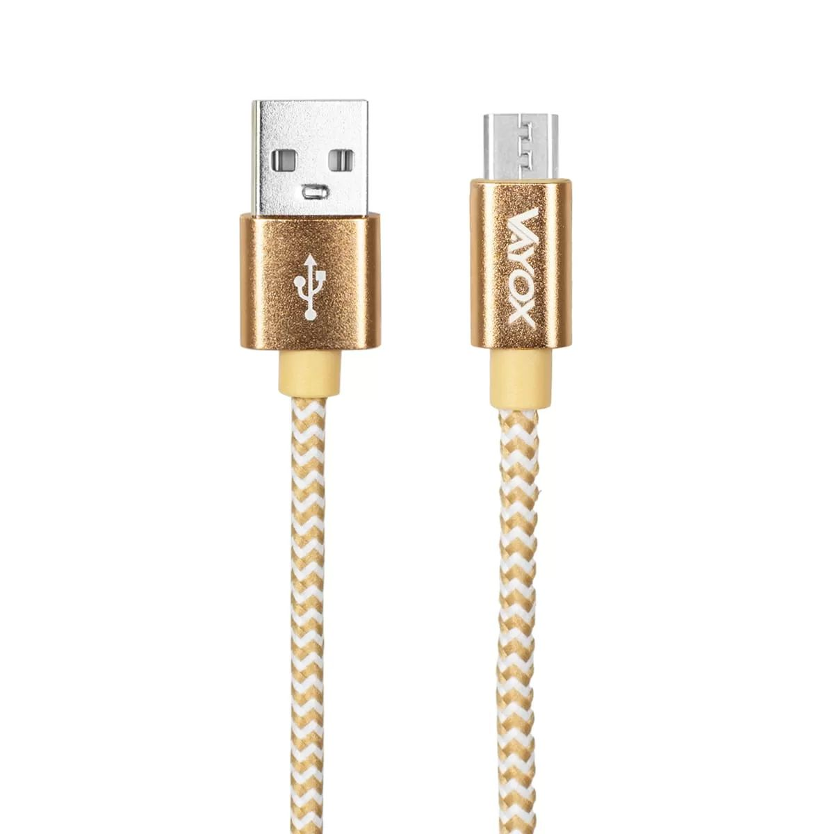 Złoty kabel do ładowania ze złączami USB-A i micro-USB na białym tle.