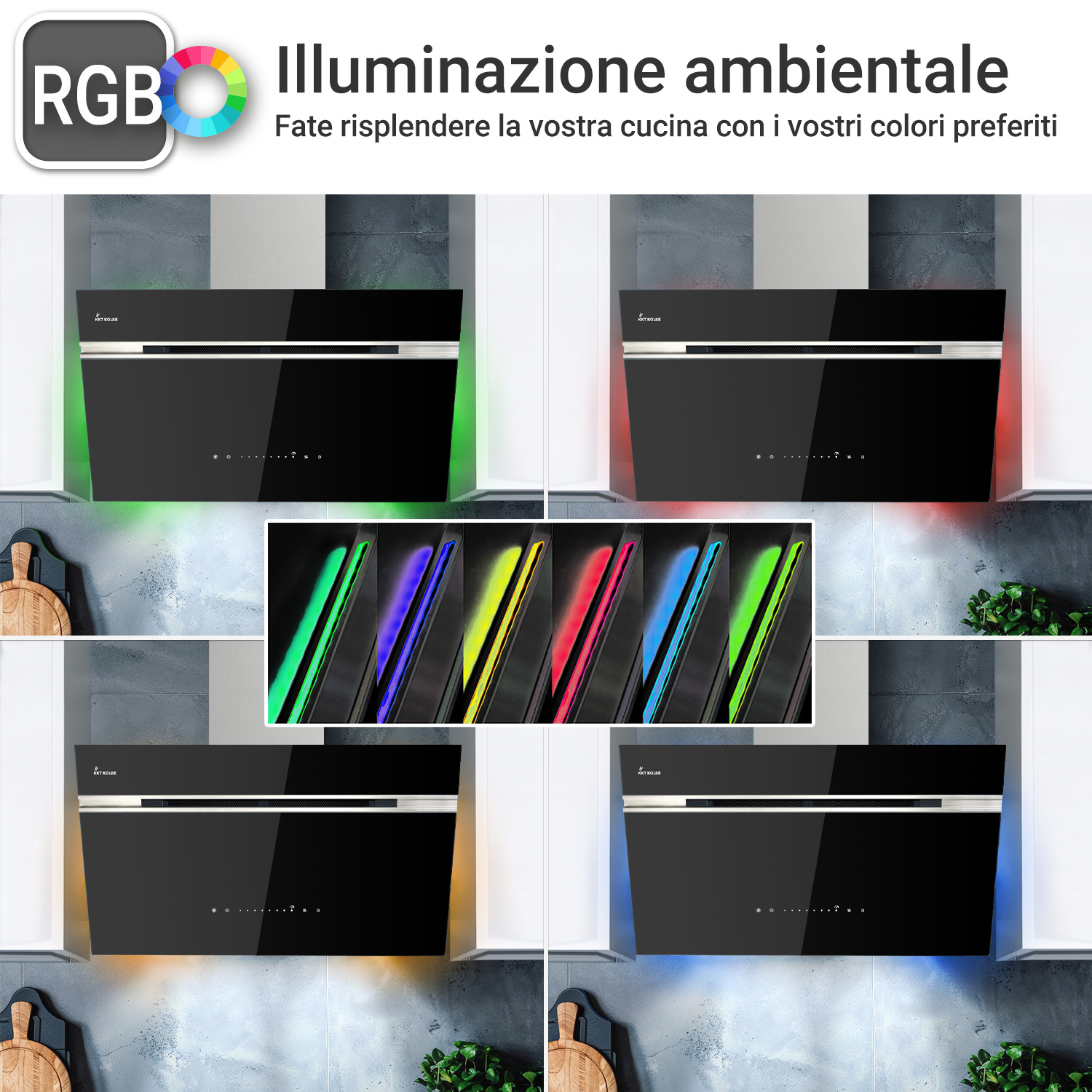 Cappa aspirante nera con illuminazione ambientale RGB regolabile in vari colori.