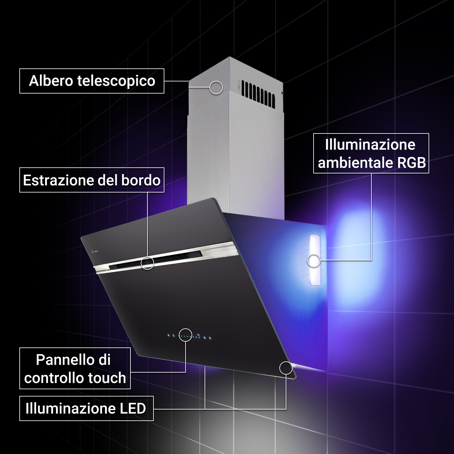 Moderna cappa aspirante nera con illuminazione RGB e comandi touch contro una parete di piastrelle scure.