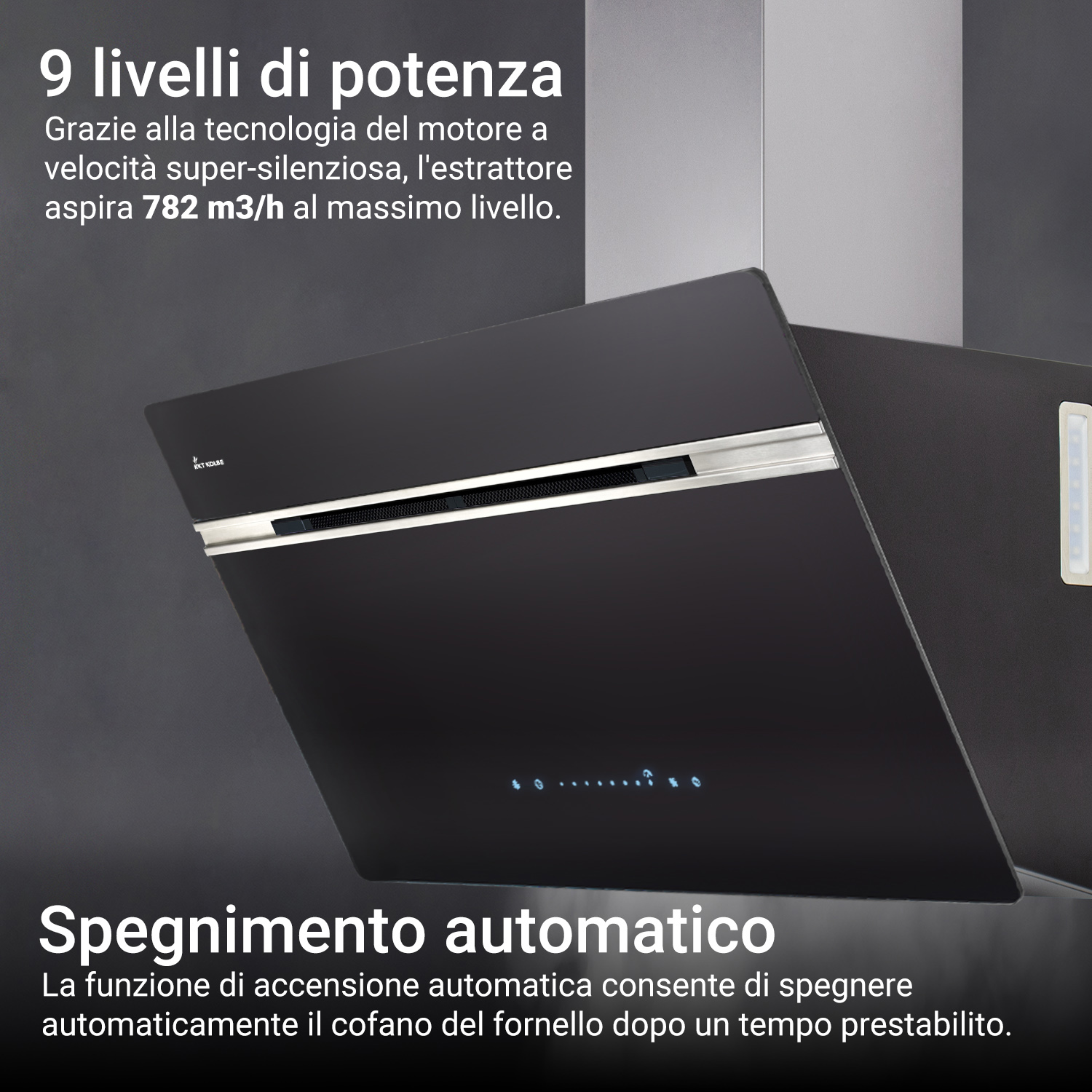 Moderna cappa aspirante nera con finiture argentate e testo in italiano.