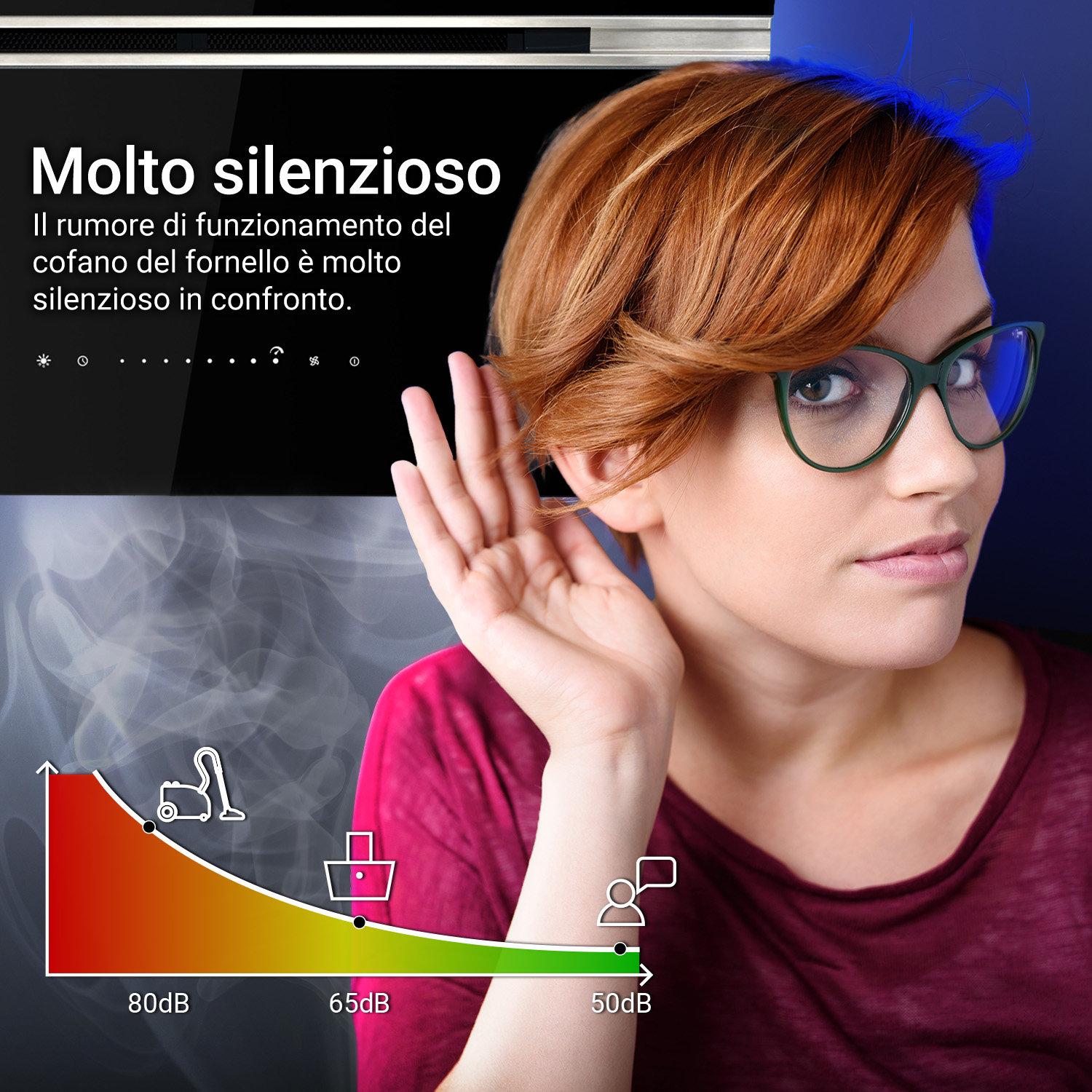 Donna dai capelli rossi con gli occhiali che porta la mano all'orecchio con un grafico dei decibel.