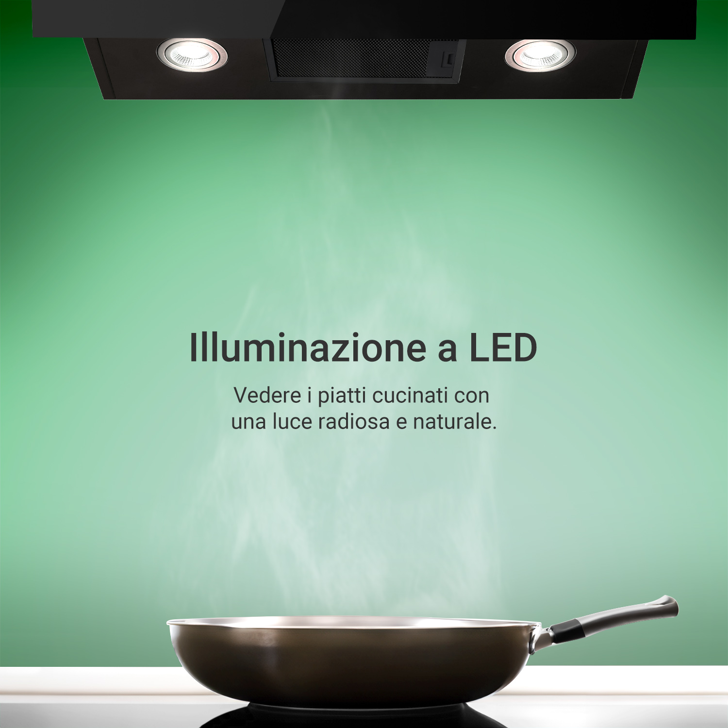 Una cappa nera con LED illumina una padella fumante su sfondo verde.