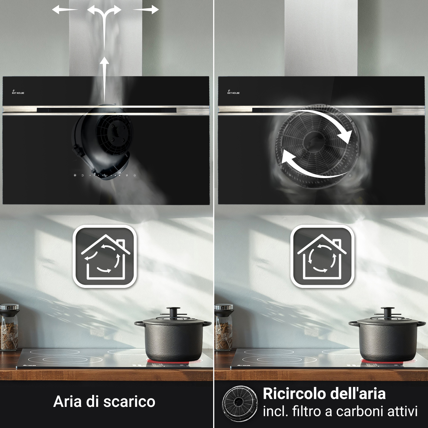 Confronto tra le modalità della cappa: aspirazione a sinistra e ricircolo dell'aria con filtro a carboni attivi a destra.