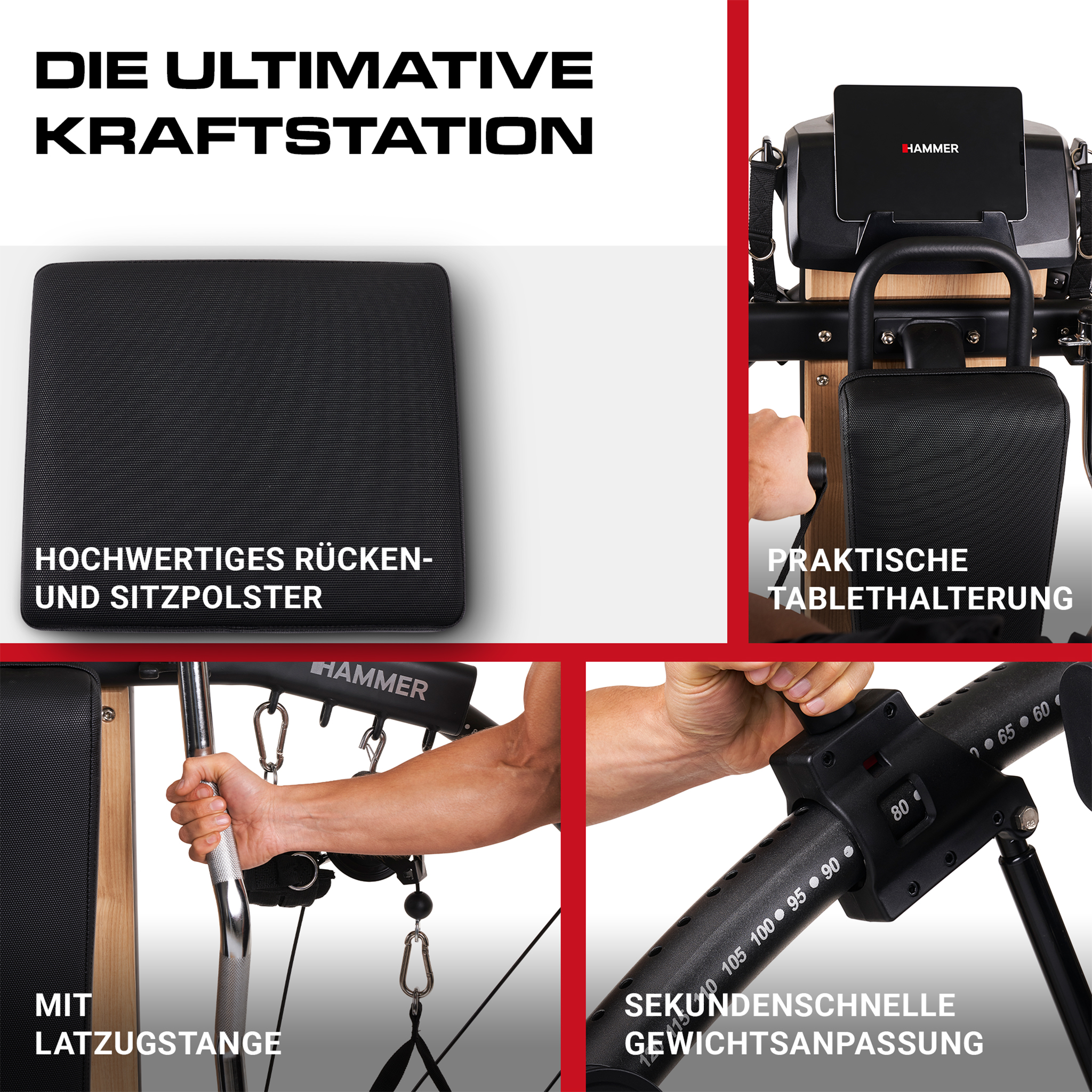 Kraftstation mit Sitzpolster, Tabletthalterung, Latzugstange und schneller Gewichtsanpassung.