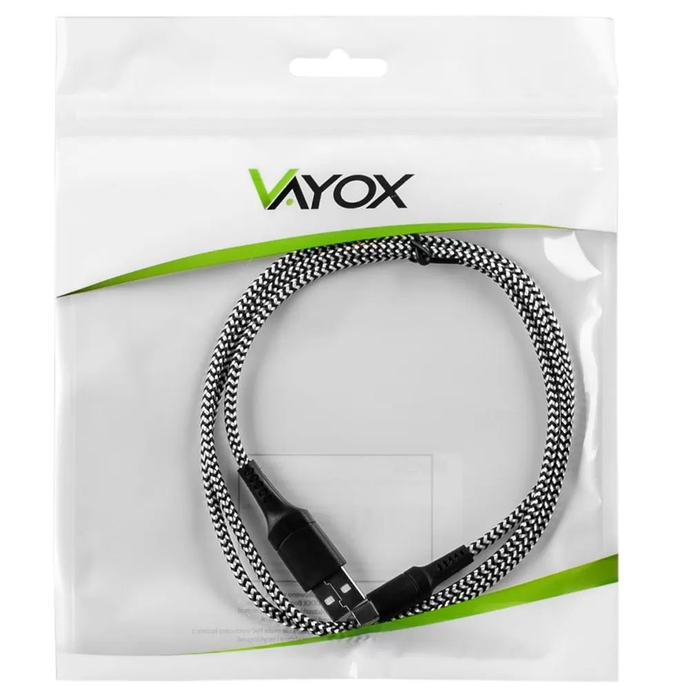 Czarno-biały pleciony kabel USB w plastikowej torbie Vayox.