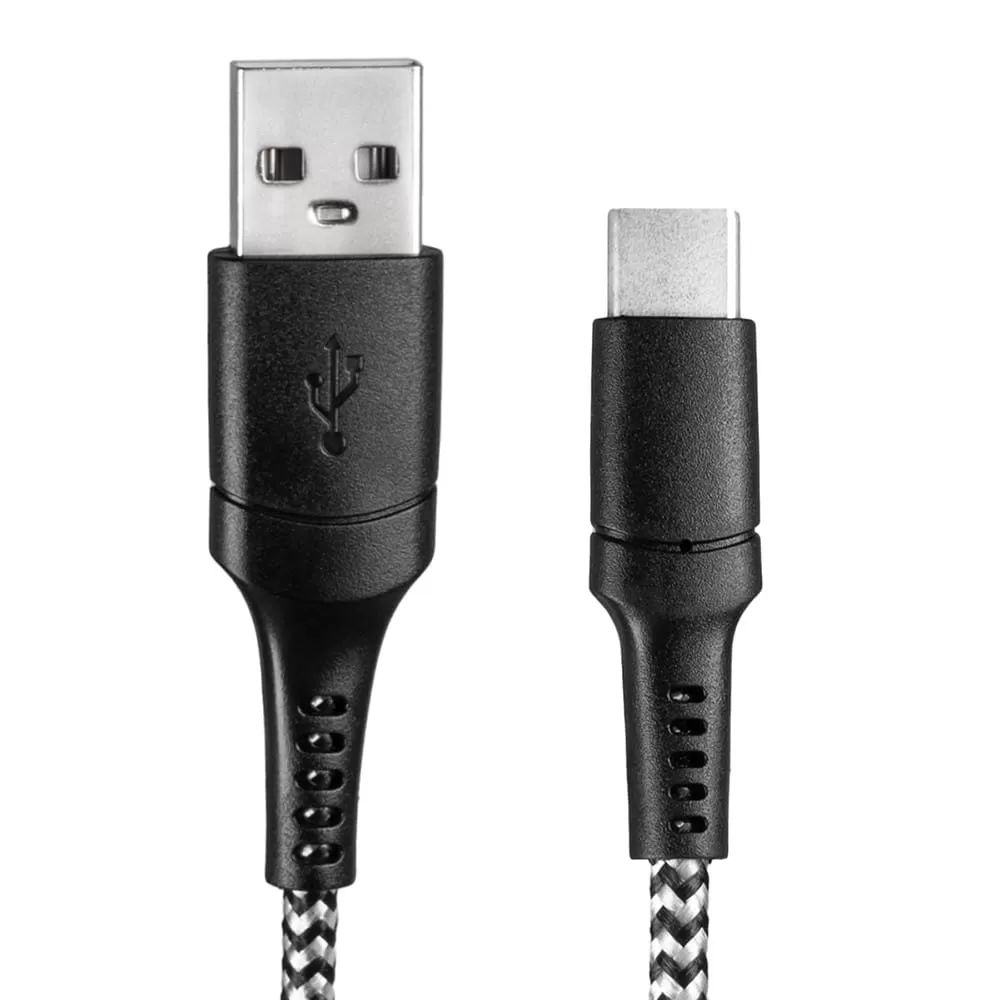Złącze USB-A obok złącza USB-C z czarno-białymi kablami w oplocie na białym tle.