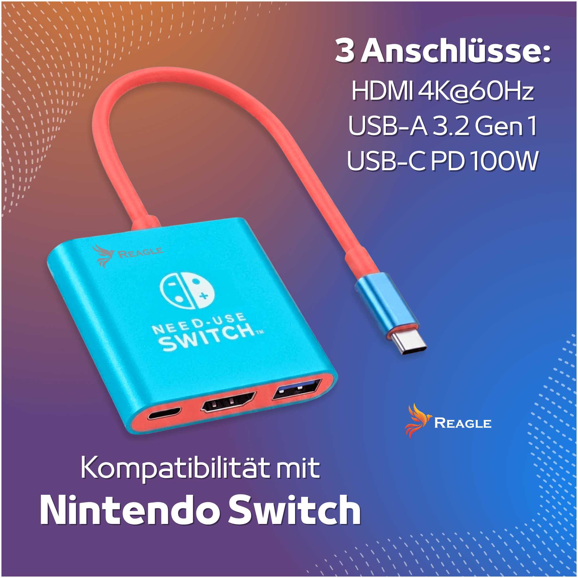 Türkisfarbener Reagle USB-C-Hub mit rotem Kabel und HDMI-, USB-A- und USB-C-Anschlüssen für Nintendo Switch.