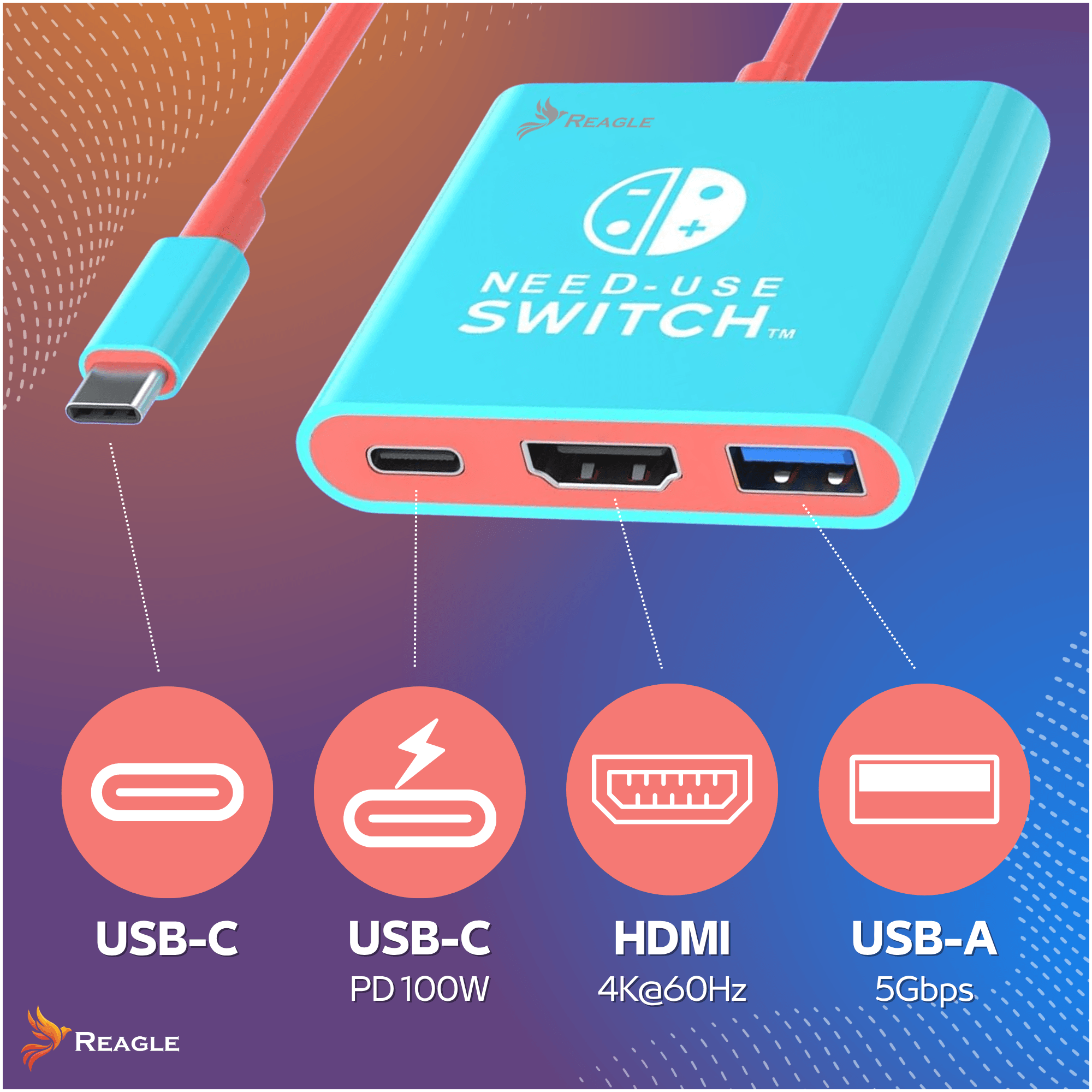 Türkisblauer Switch-Adapter mit USB-C, HDMI und USB-A Anschlüssen vor buntem Hintergrund.