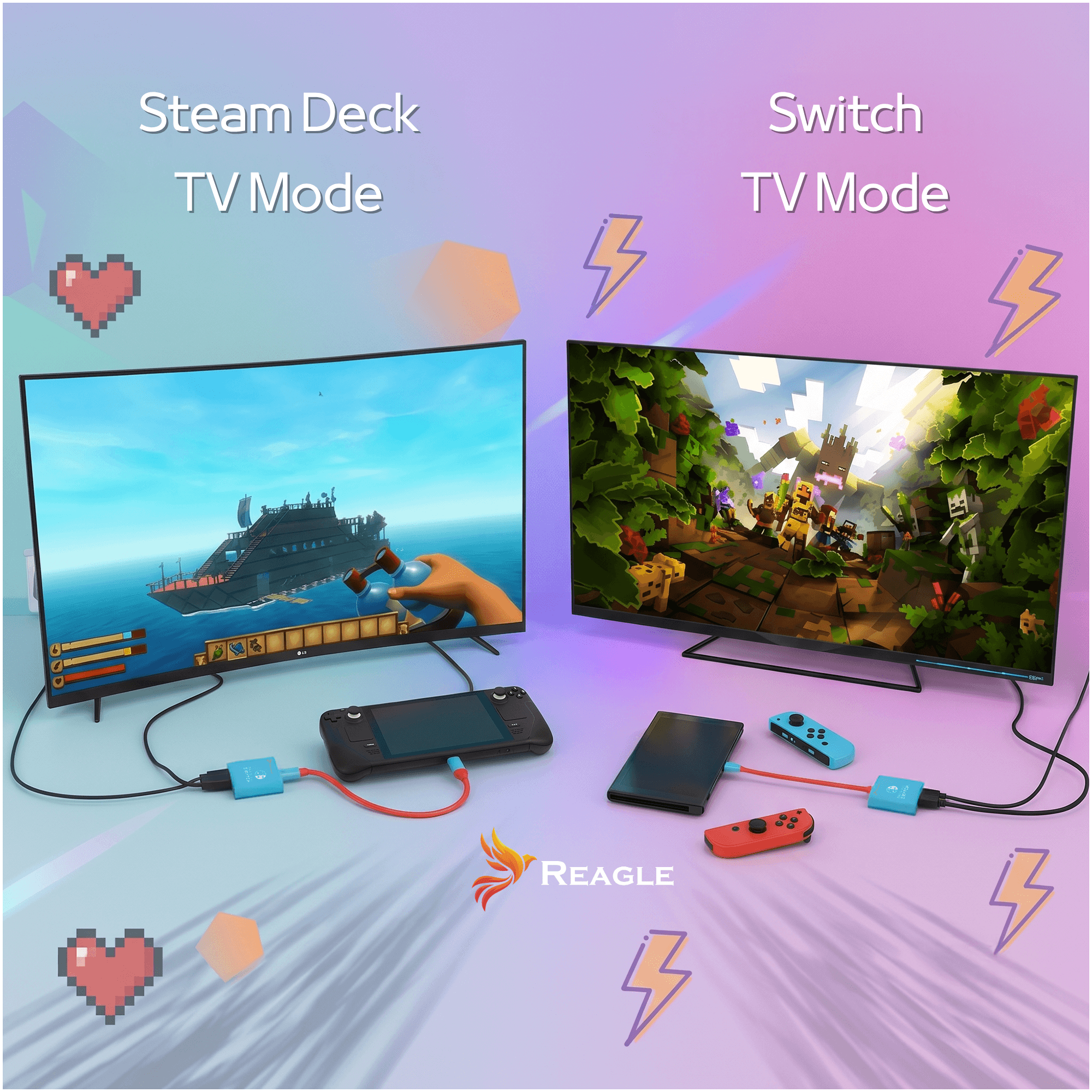 Vergleich von Steam Deck und Switch im TV-Modus, dargestellt auf zwei Monitoren mit Konsolen.
