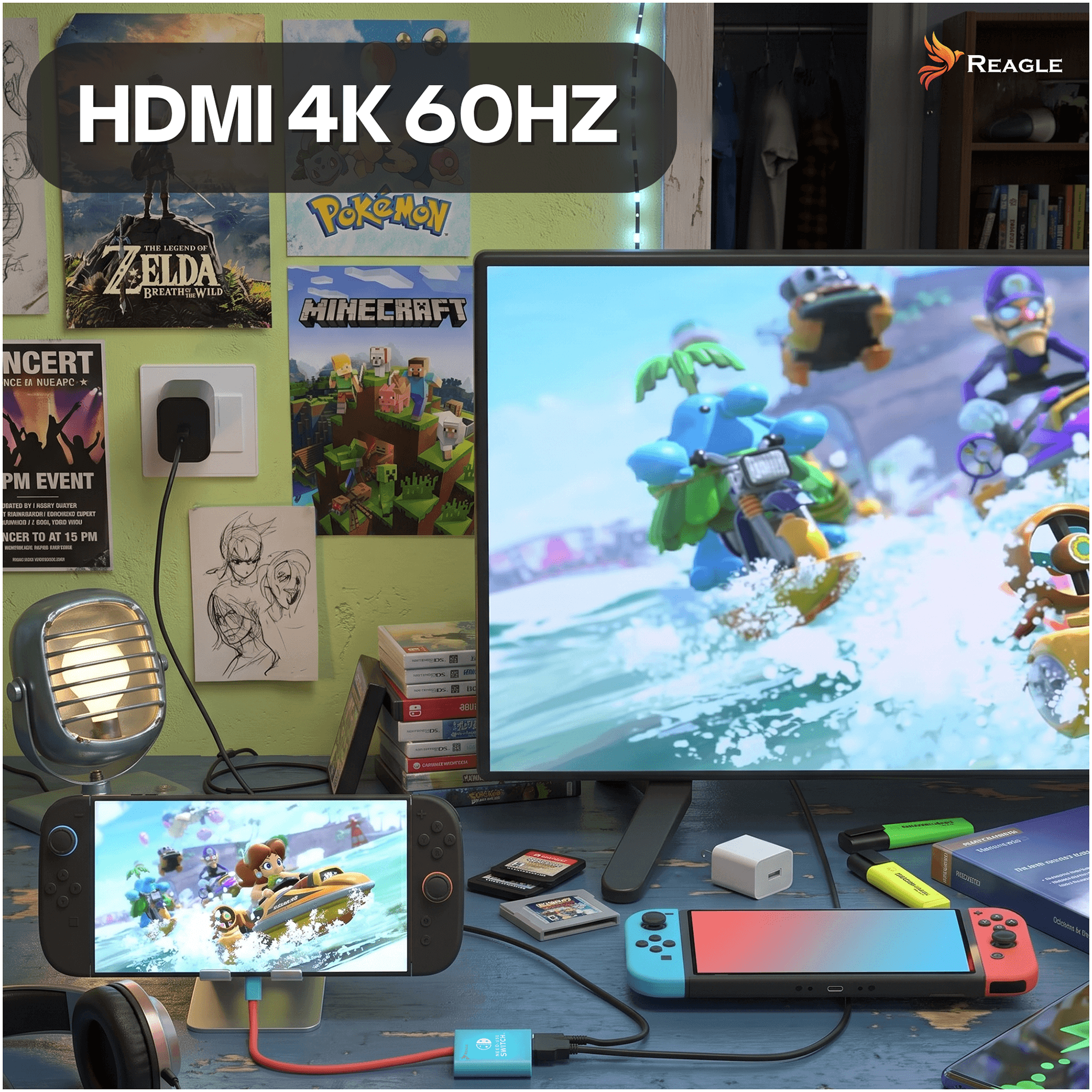 Nintendo Switch, Zubehör und Videospiele auf einem Schreibtisch vor einer grünen Wand.
