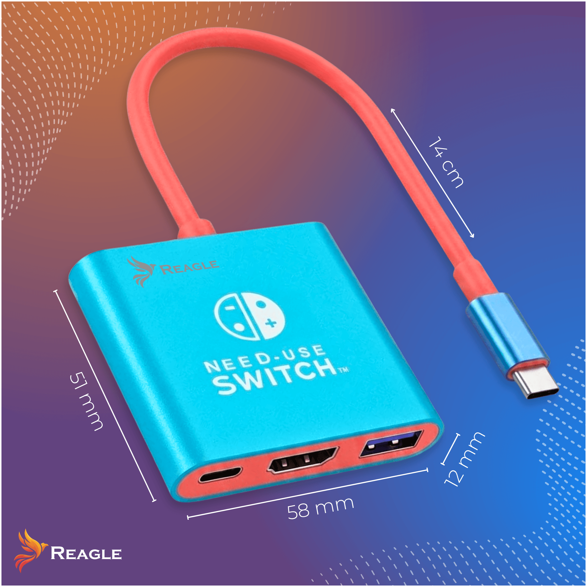 Ein blauer Switch-Adapter mit rotem Kabel und Maßangaben.