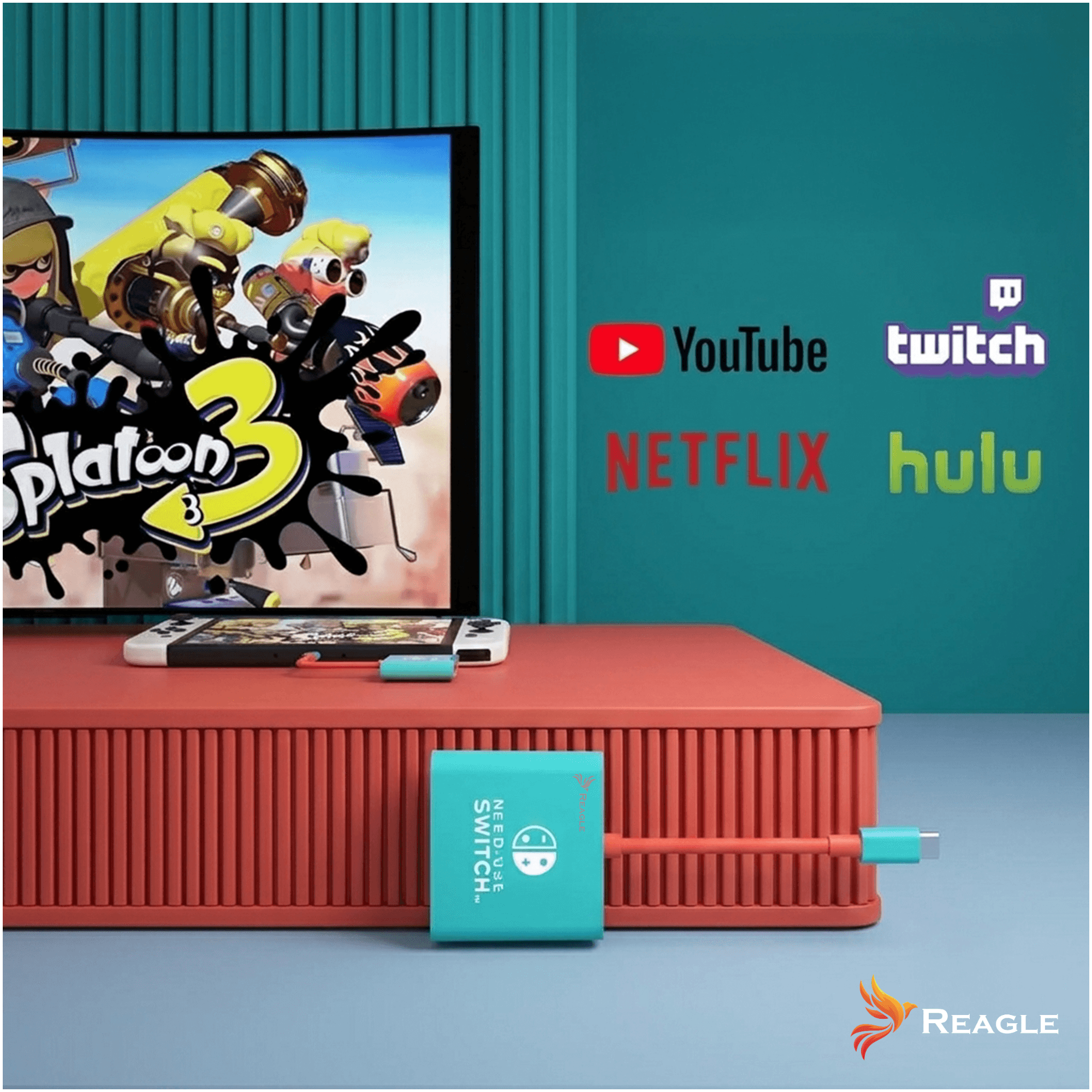 Ein türkisfarbener Switch-Adapter ist an eine rote Konsole angeschlossen, im Hintergrund ein Splatoon-3-Bildschirm.