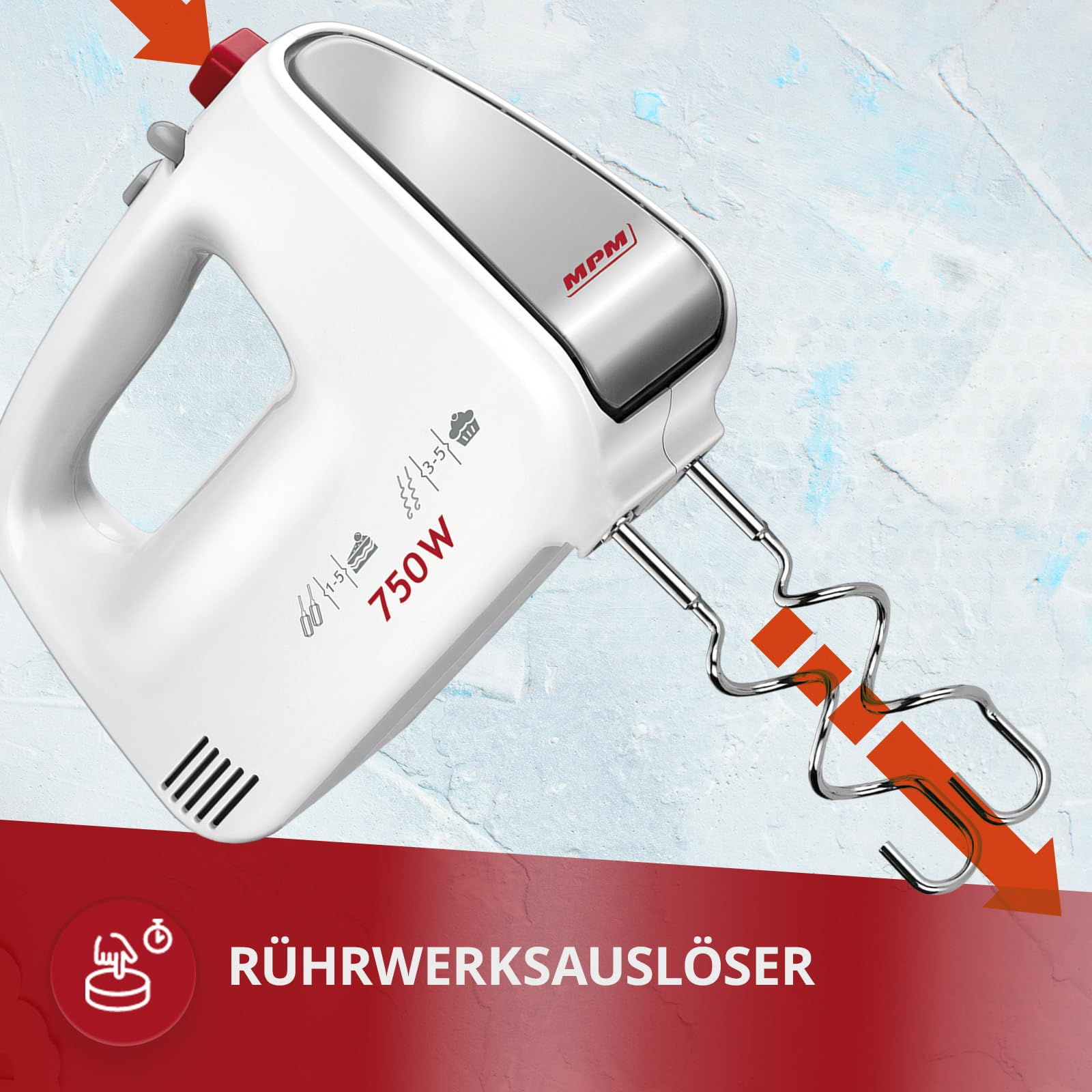 Ein weißer MPM Handmixer mit Edelstahlaufsätzen auf blau-weißem Hintergrund und der Aufschrift RÜHRWERKSAUSLÖSER.
