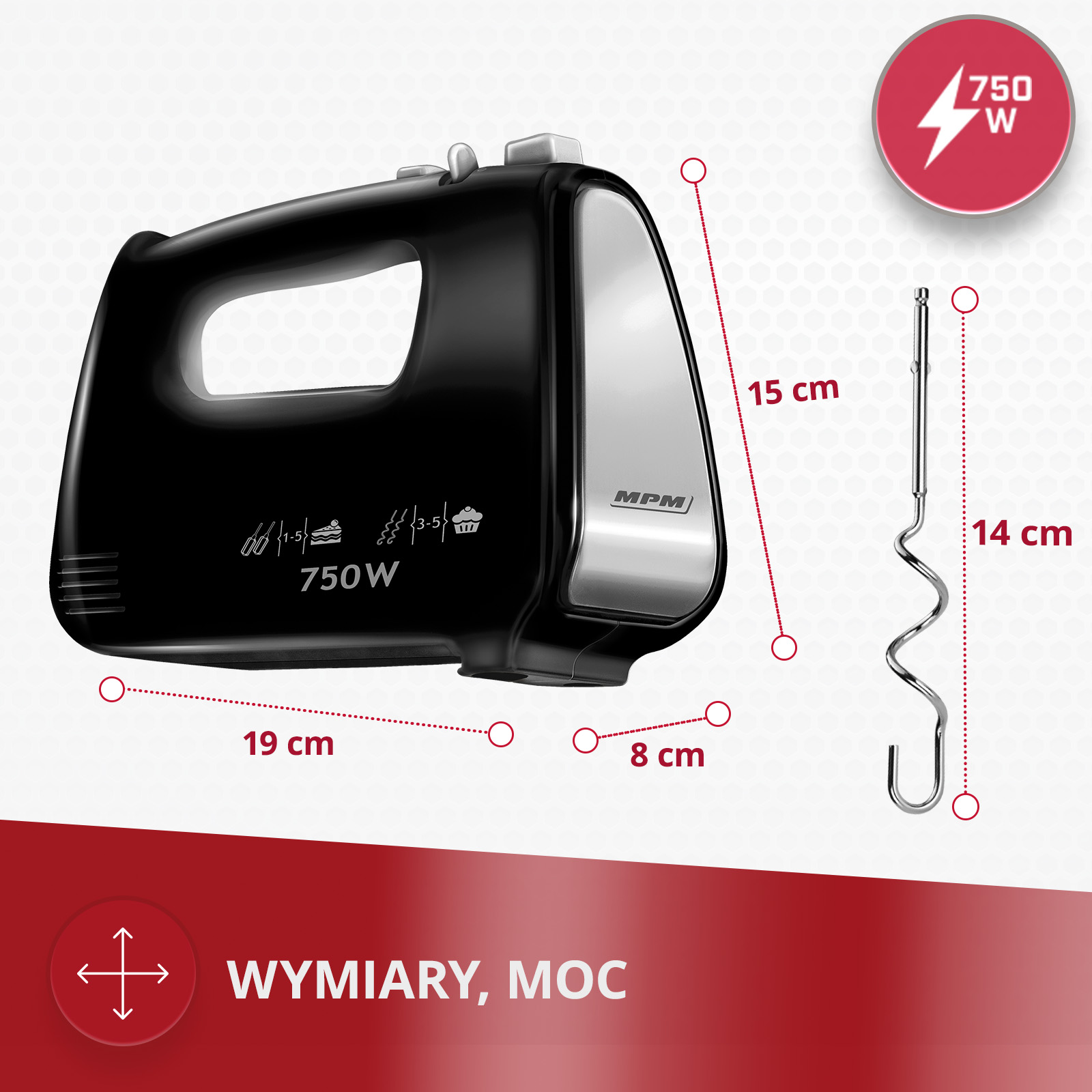 Czarny mikser ręczny MPM 750W z wymiarami w centymetrach i mieszadłem na białym tle.