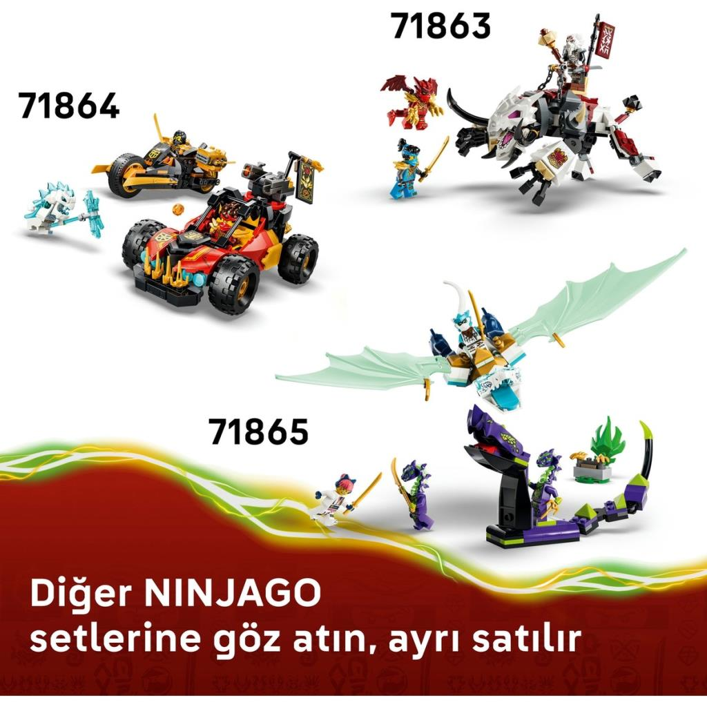 Araçlar, ejderhalar ve minifigürler içeren Lego Ninjago 71863, 71864 ve 71865 setleri.