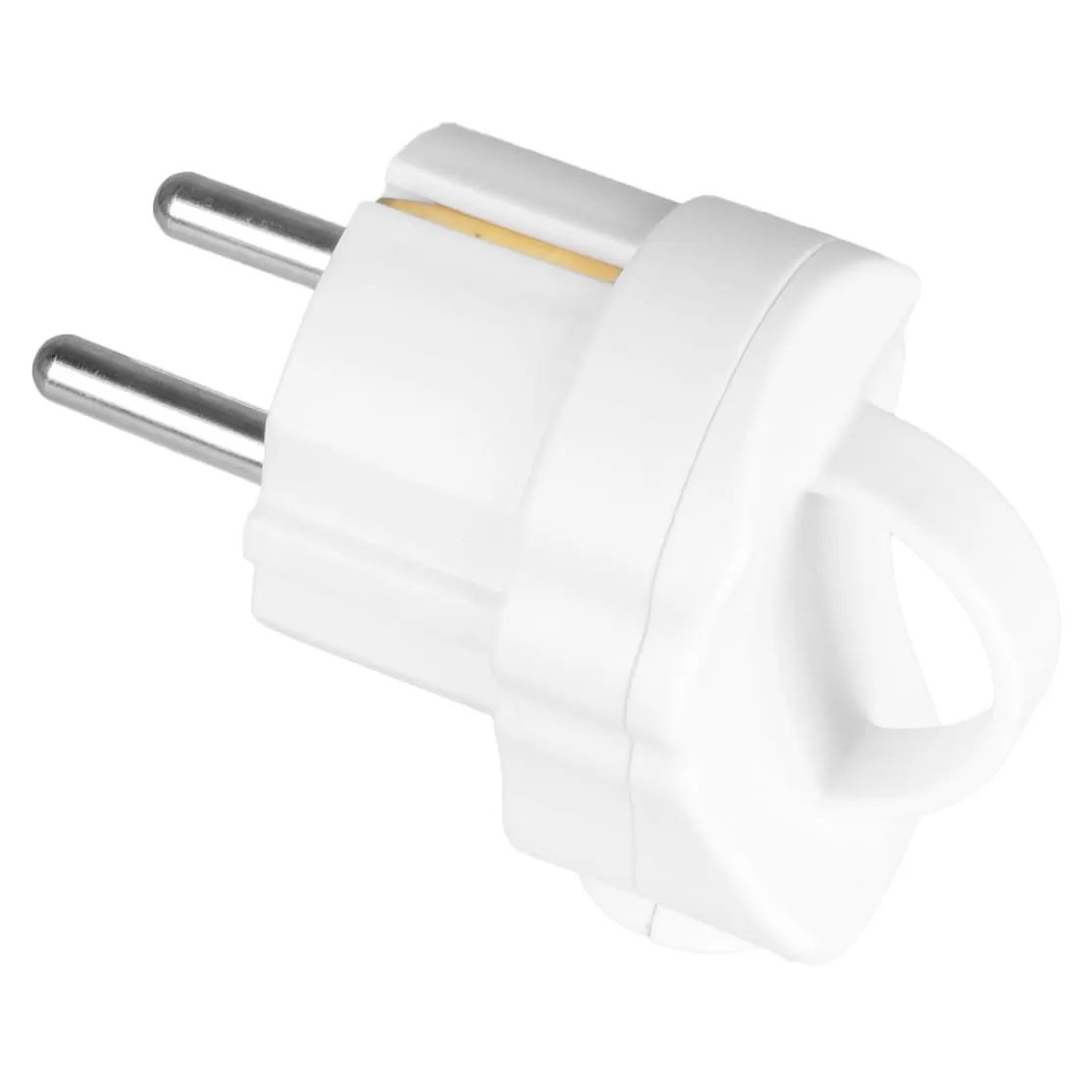 Fehér elektromos dugó két fém érintkezővel és húzógyűrűvel fehér alapon.