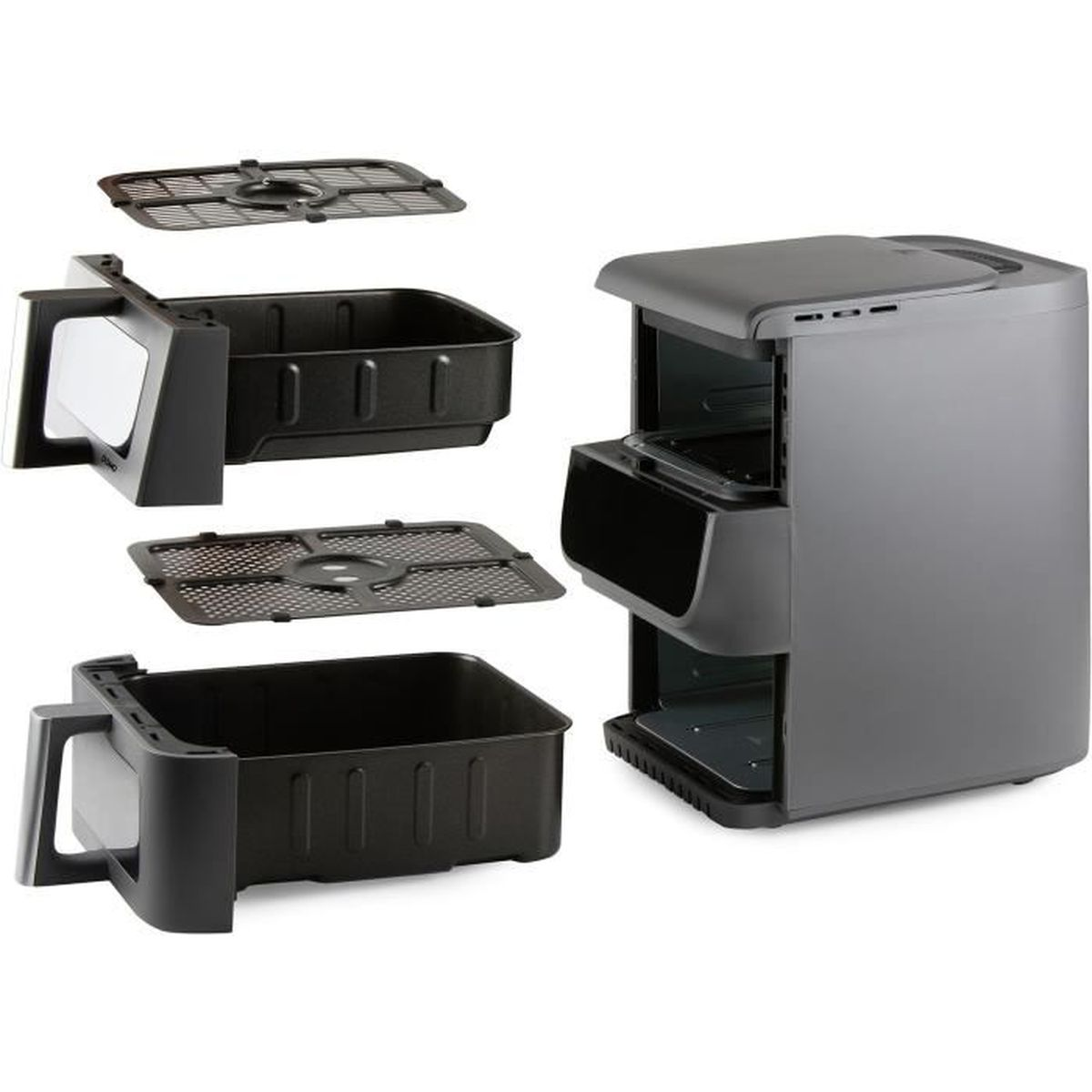 Une friteuse à air à double panier noir avec plateaux démontables et tiroirs amovibles.