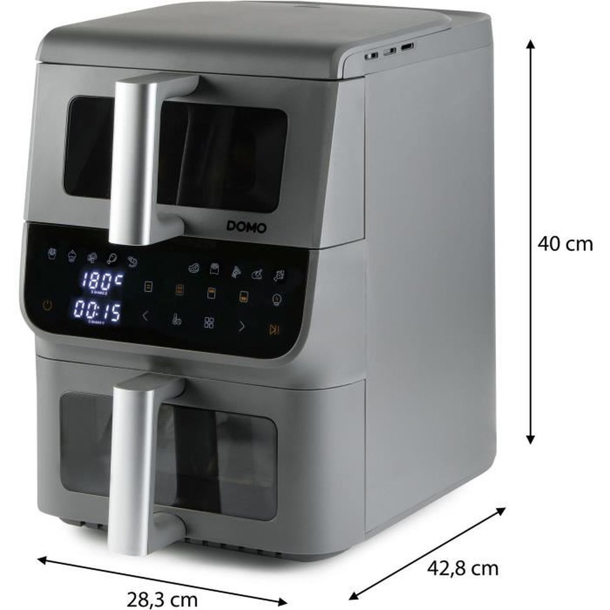 Friteuse à air Domo grise à double bac avec écran numérique et dimensions de 40x42,8x28,3 cm.