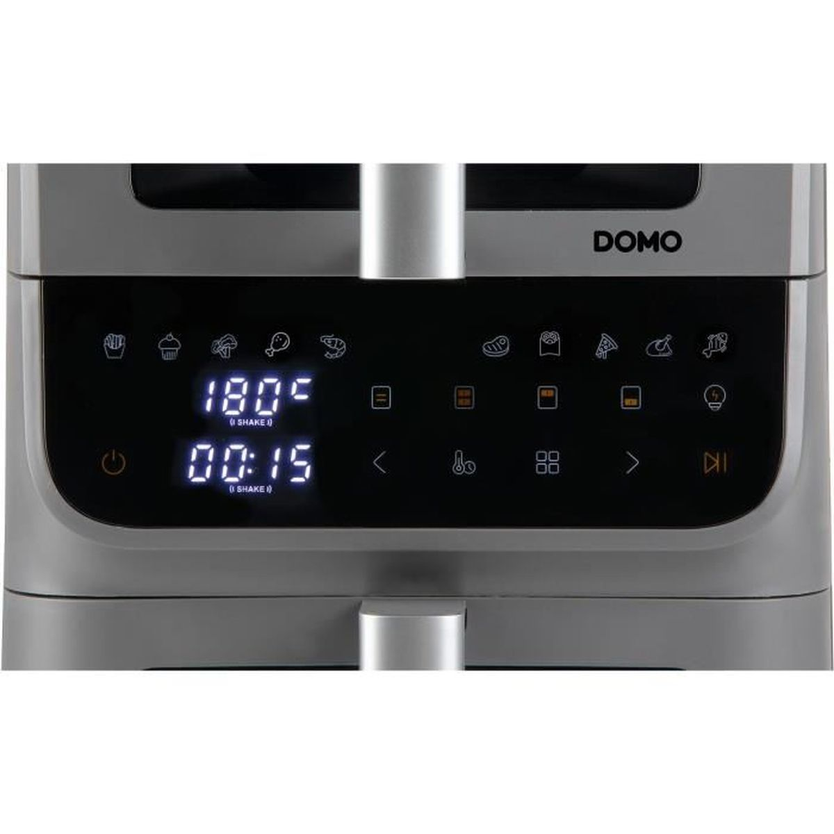 Panneau de commande numérique d'une friteuse à air Domo argentée, affichant 180 degrés et 15 minutes.