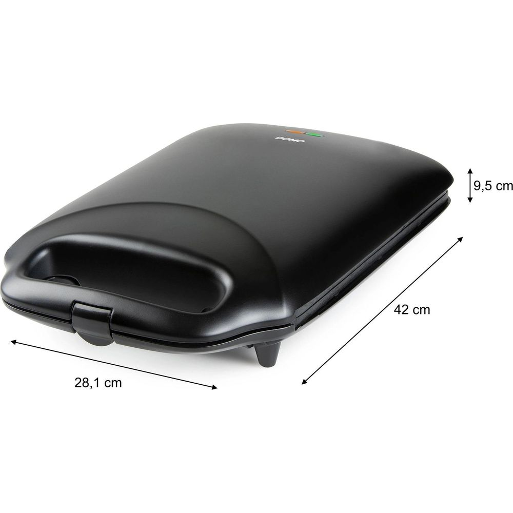 Ein schwarzer Sandwichmaker mit Maßen von 28,1 cm Breite, 42 cm Länge und 9,5 cm Höhe.