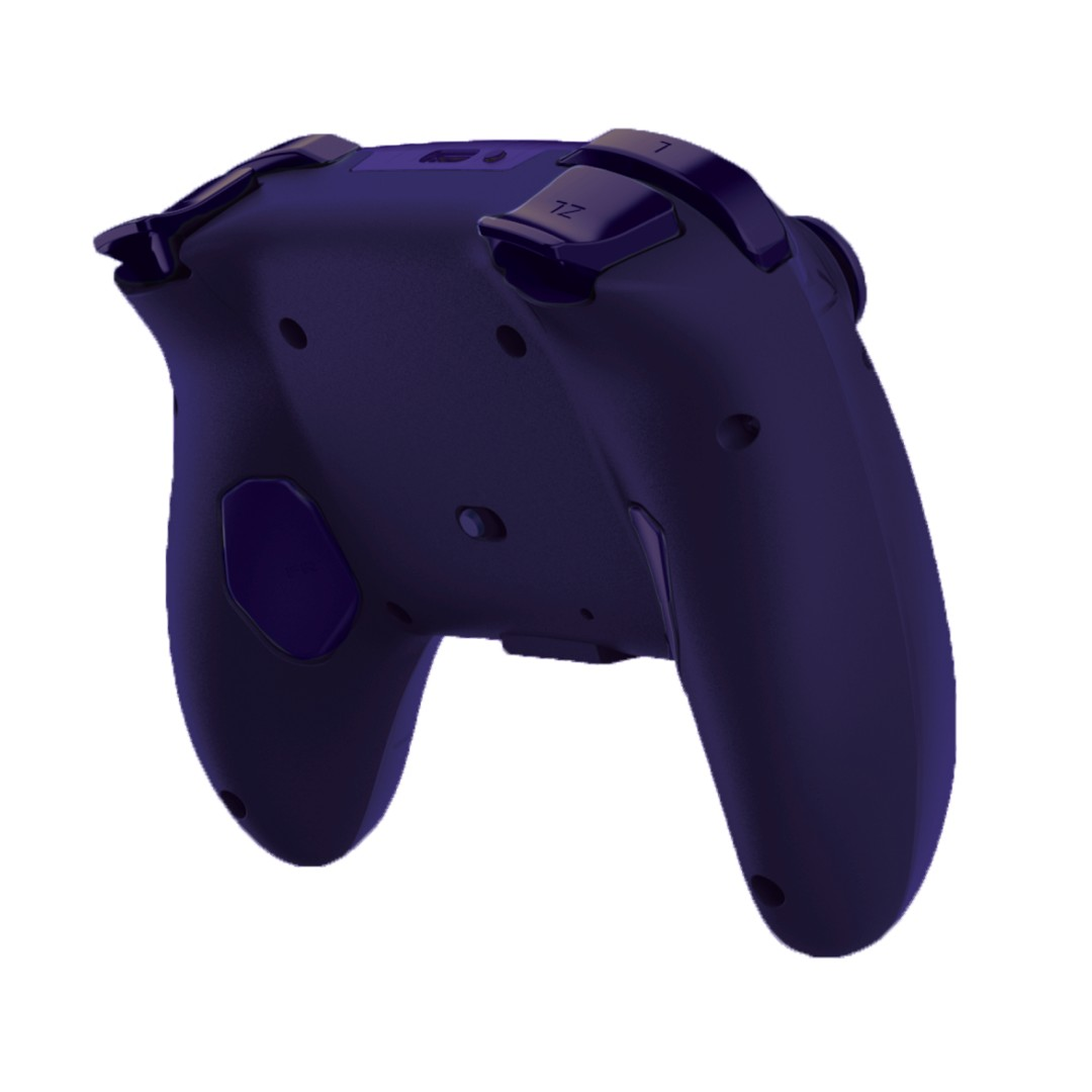 Rückansicht eines violetten Videospielcontrollers mit ZL- und ZR-Tasten auf weißem Hintergrund.