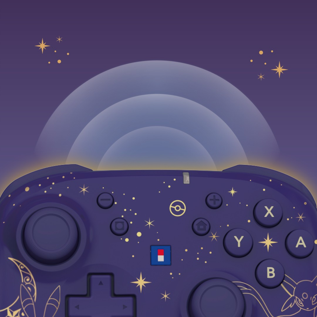 Dunkelvioletter Gamepad mit Sternenmustern, goldenen Akzenten und konzentrischen Halbkreisen im Hintergrund.