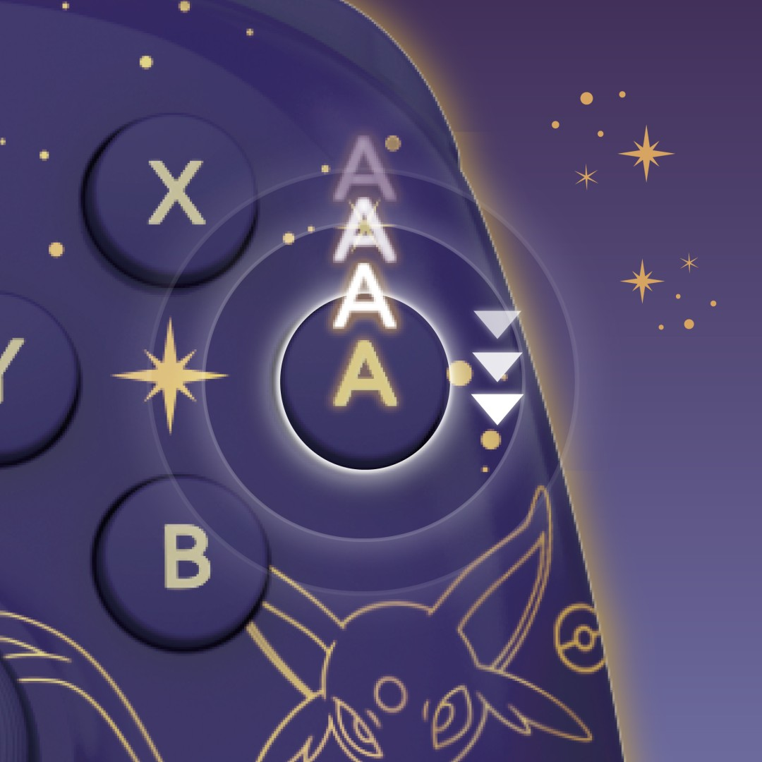 Violetter Controller mit A-Knopf, goldenen Sternen und Evoli-Gravur.