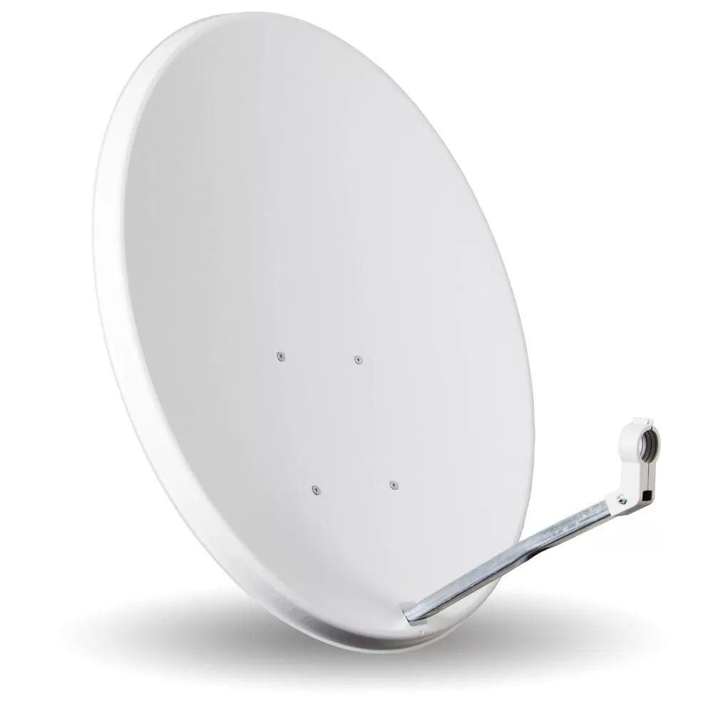 Biała antena satelitarna na białym tle z ramieniem i uchwytem.