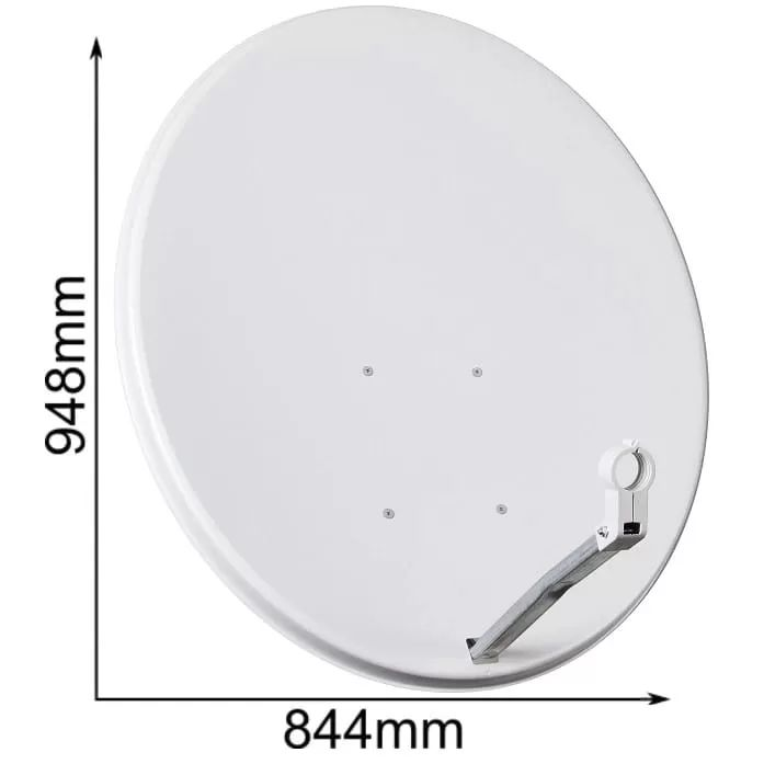 Biała antena satelitarna o wymiarach 948 mm wysokości i 844 mm szerokości na białym tle.