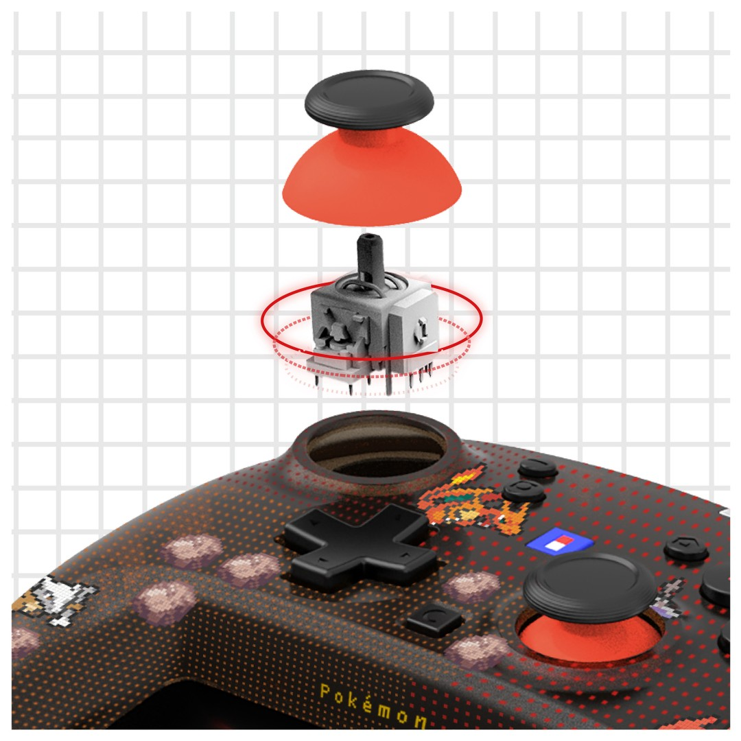 Explosionsdarstellung eines Joysticks über einem Pokémon-Controller vor einem Rasterhintergrund.