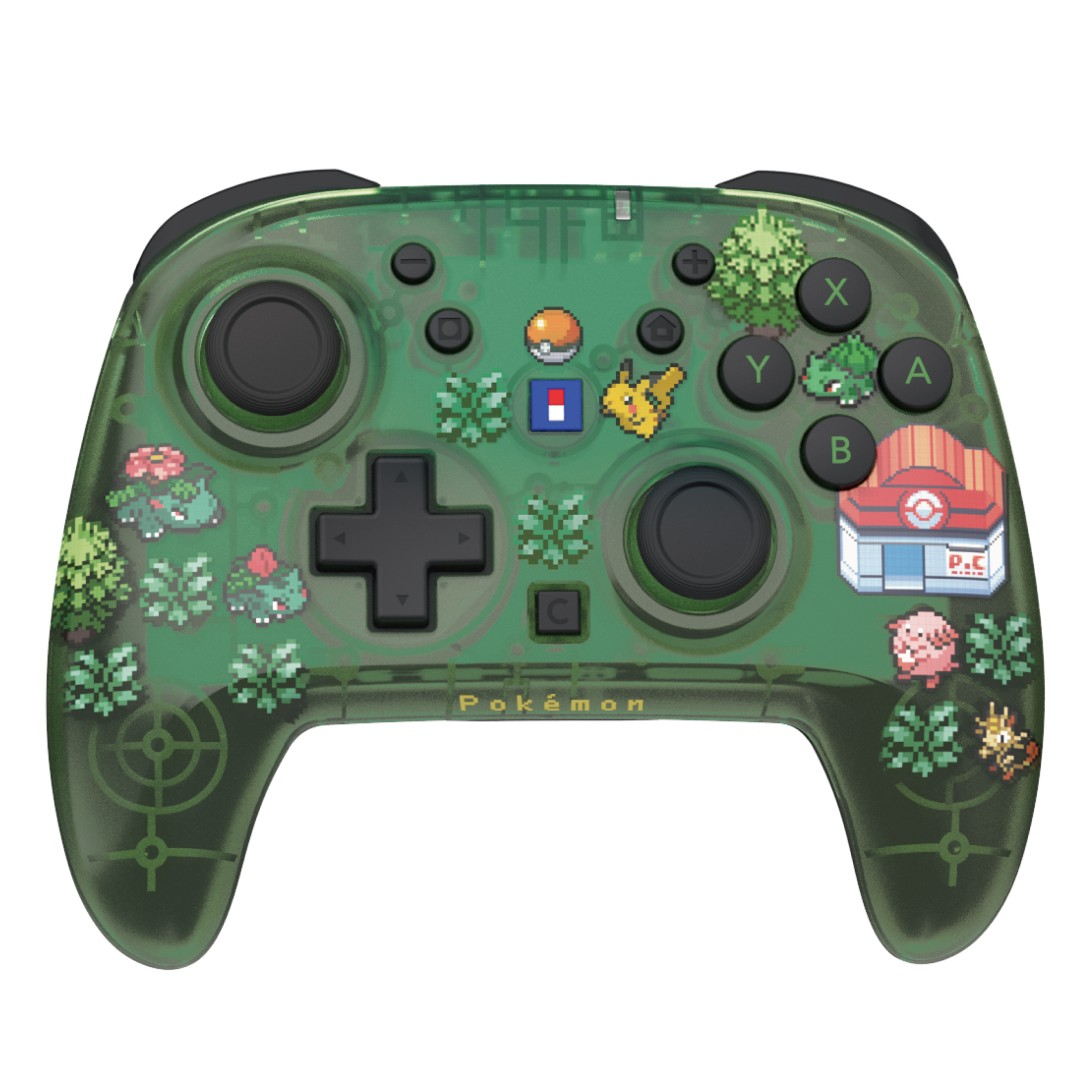 Grüner, transparenter Pokémon-Controller im Pixel-Art-Stil mit Charakteren, Bäumen und einem Pokécenter.