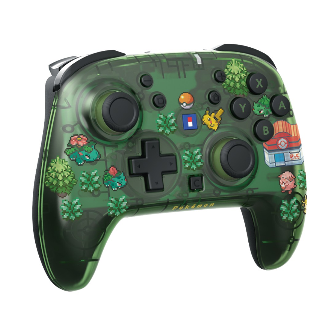 Grüner transparenter Pokémon-Gaming-Controller mit Pixelkunst-Motiven und klassischen Tasten.