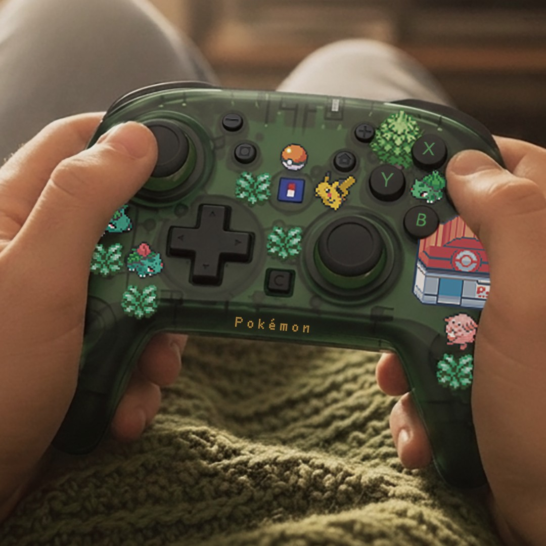Eine Person hält einen grünen, durchsichtigen Pokémon-Controller, der mit Pixel-Art-Figuren verziert ist.