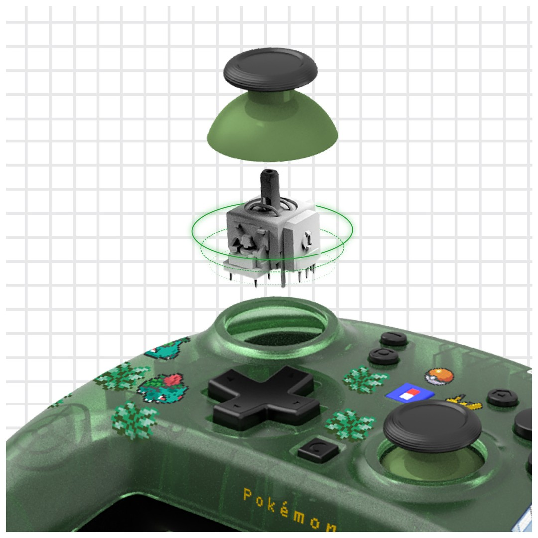 Explosionsdarstellung eines grünen Pokémon-Controller-Joysticks auf einem karierten Hintergrund.