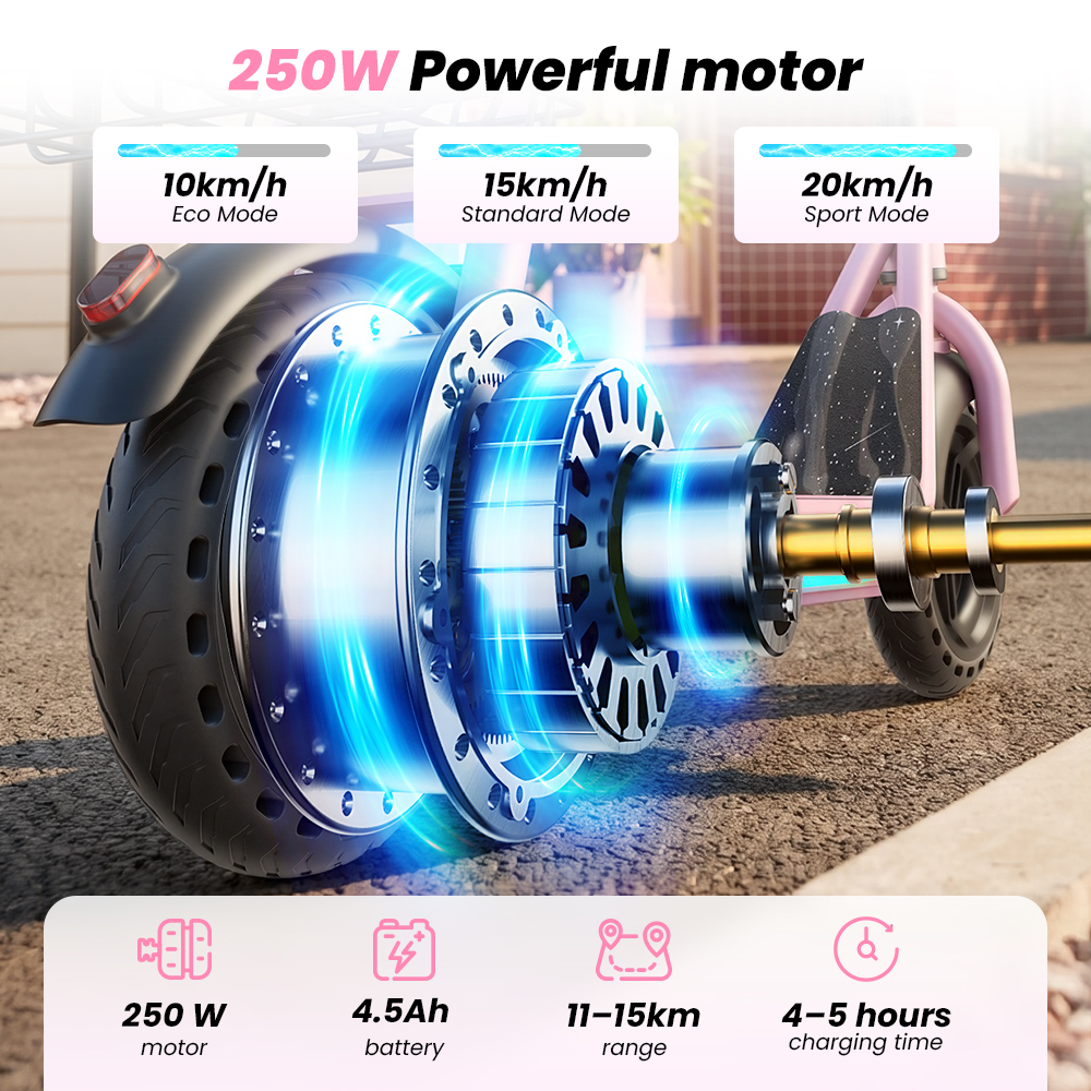 Schemat techniczny przedstawia silnik elektryczny hulajnogi o mocy 250W wraz z danymi wydajnościowymi.