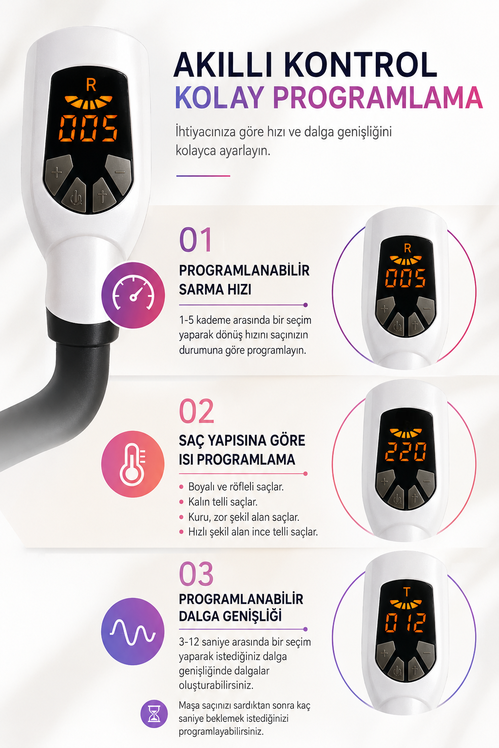 Hız, ısı ve dalga genişliği ayarlanabilen akıllı saç maşasının tanıtım görseli.
