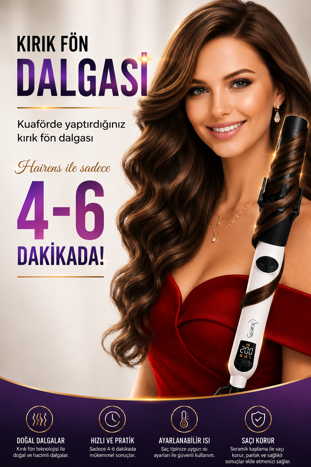 Dalgalı kahverengi saçlı gülen bir kadın, mor bir posterin önünde beyaz bir saç maşası tutuyor.