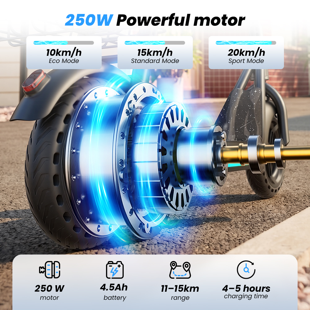 Hulajnoga elektryczna z silnikiem 250W, trzema trybami, baterią 4.5Ah i zasięgiem 11-15km.