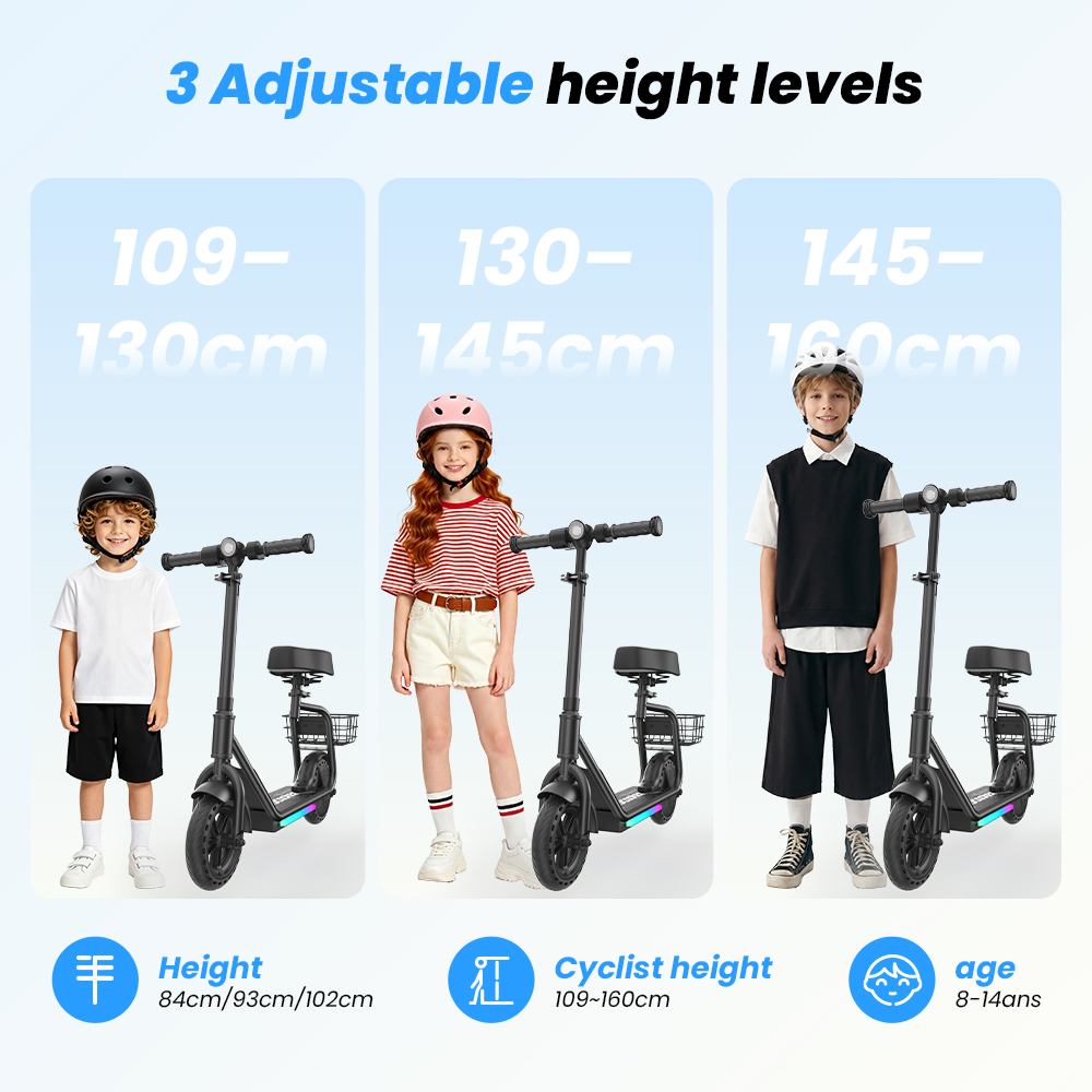 Infografika przedstawia hulajnogę dla dzieci z 3 regulowanymi wysokościami dla dzieci w wieku 8-14 lat o wzroście 109-160 cm.
