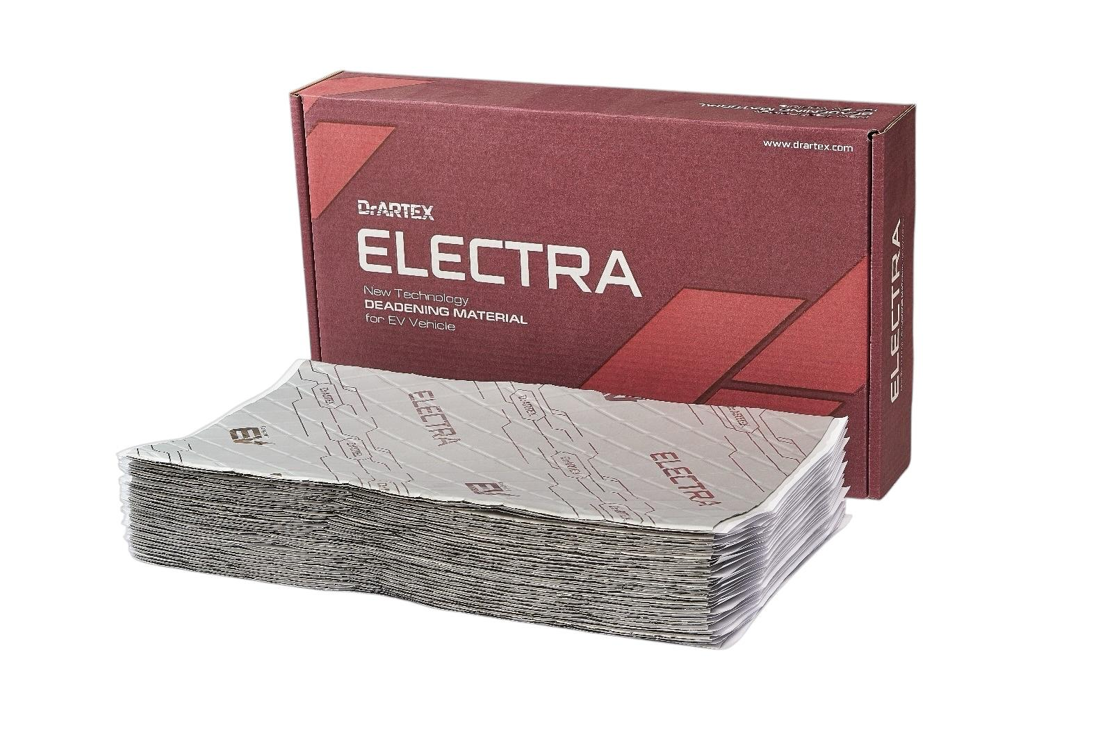 Ein Stapel silberner Dr. ARTEX Electra Dämmmaterialmatten vor einer maroonfarbenen Produktbox auf weißem Hintergrund.