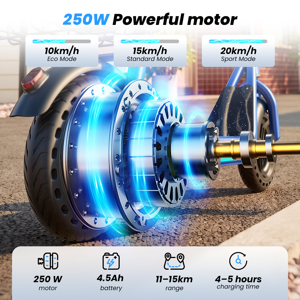 Diagram przedstawiający silnik elektryczny 250W i specyfikacje hulajnogi.
