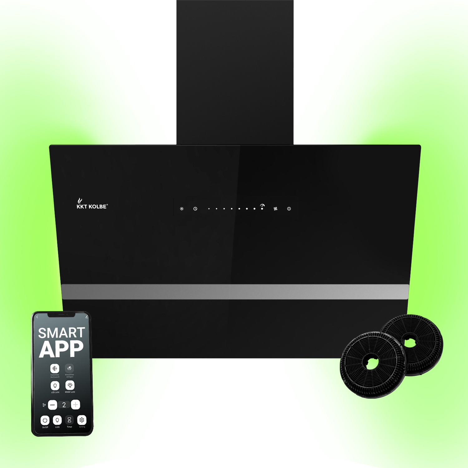 Cappa aspirante nera KKT Kolbe con app per smartphone e due filtri rotondi su sfondo verde.