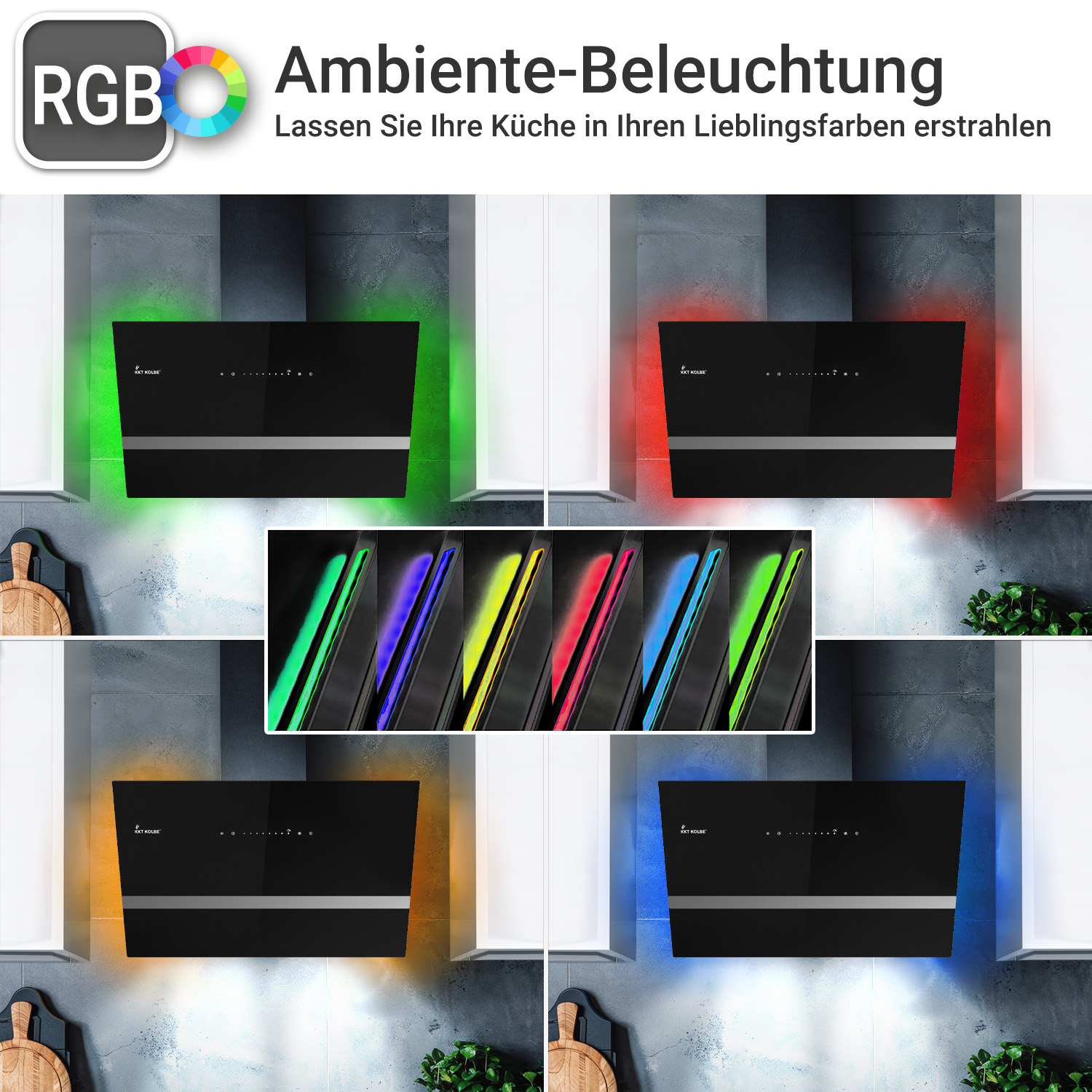Una cappa da cucina nera con illuminazione ambientale RGB personalizzabile in vari colori.