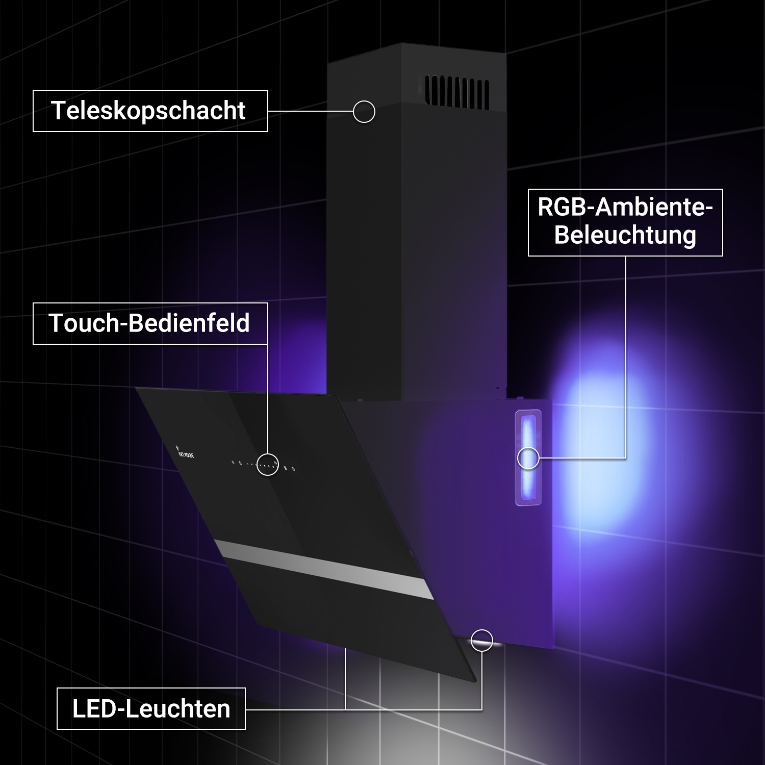 Cappa aspirante nera su parete scura con condotto telescopico, pannello touch, illuminazione RGB e LED.