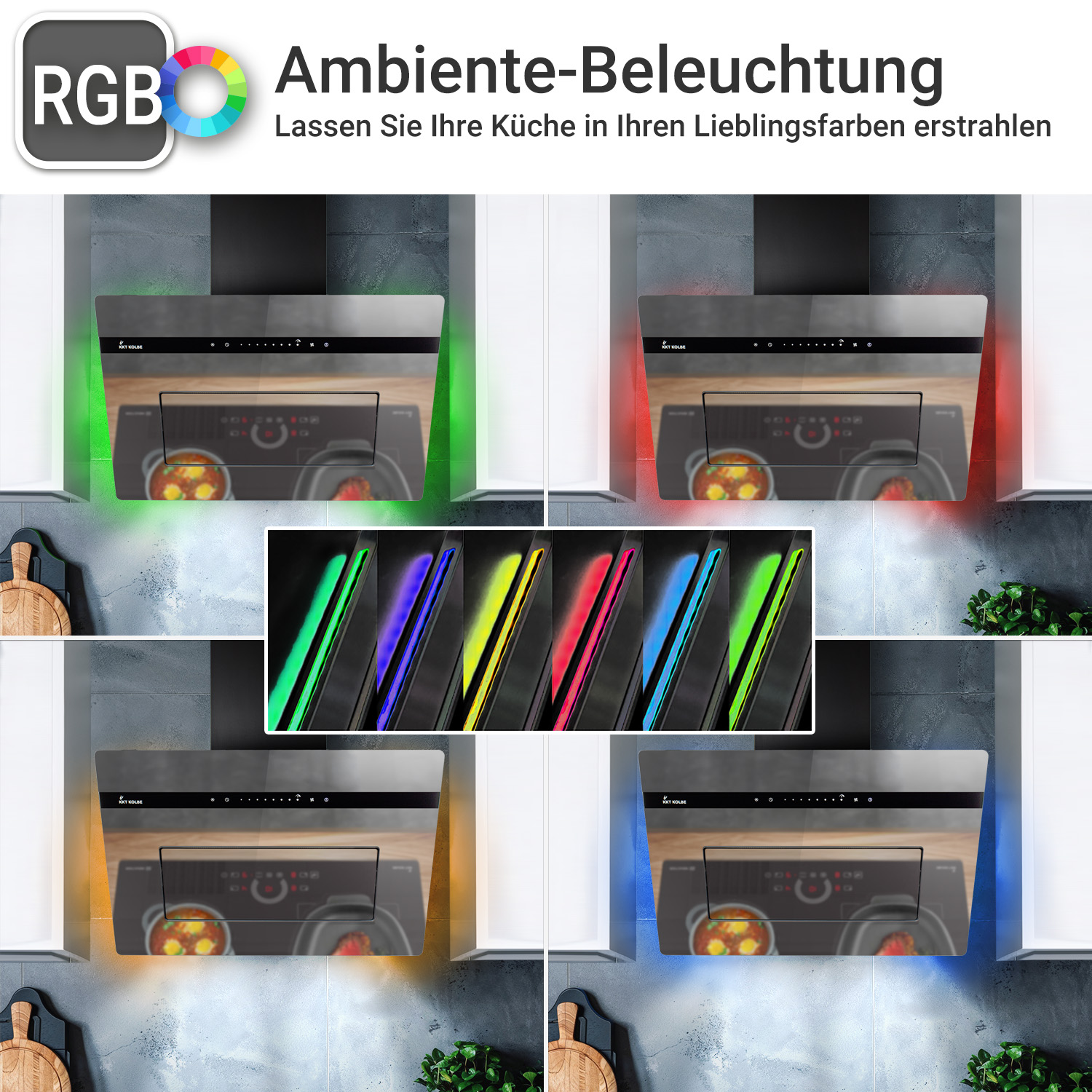 Una cappa aspirante con retroilluminazione ambientale RGB personalizzabile in vari colori.