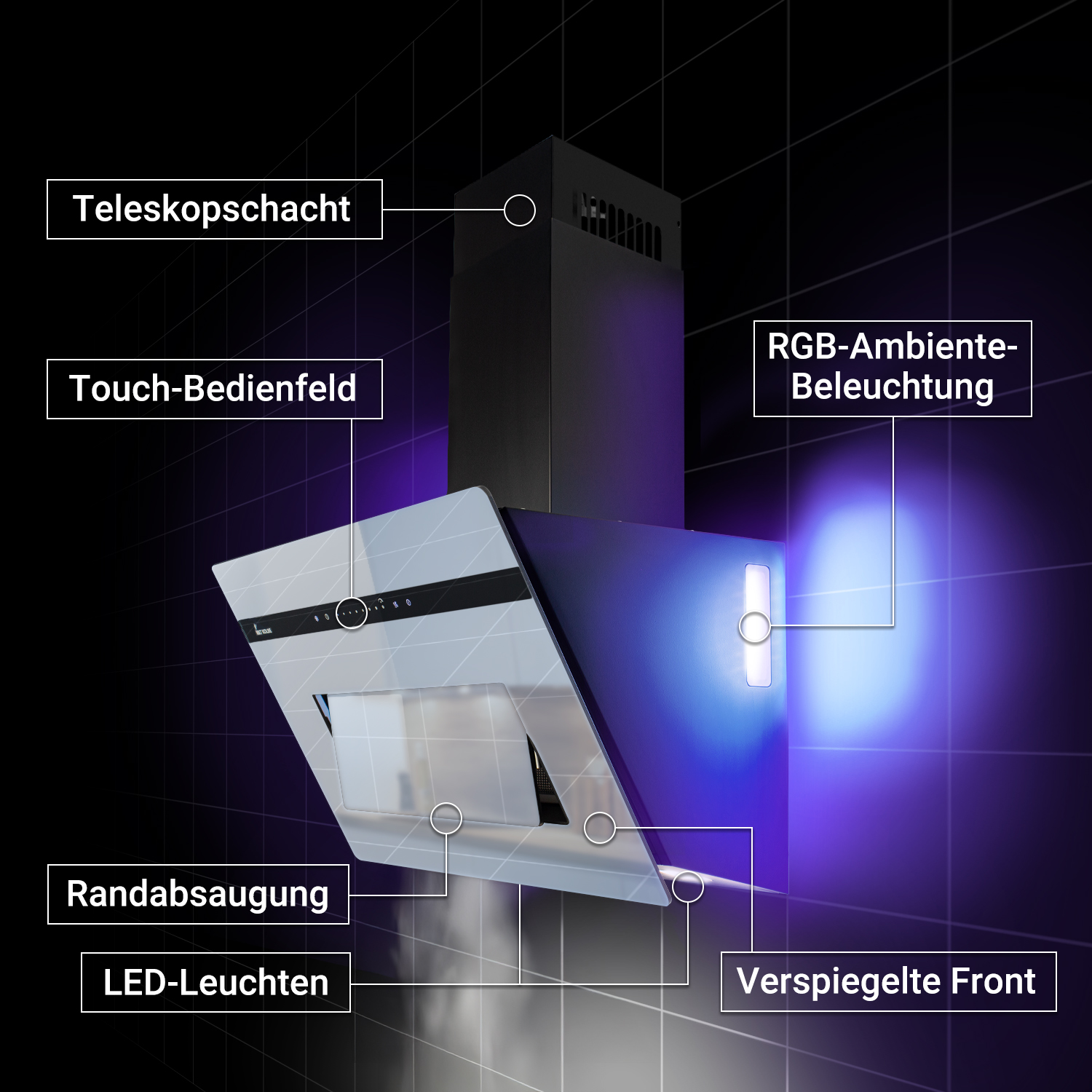 Moderna cappa aspirante con pannello touch, LED, aspirazione perimetrale e luce RGB blu su piastrelle nere.