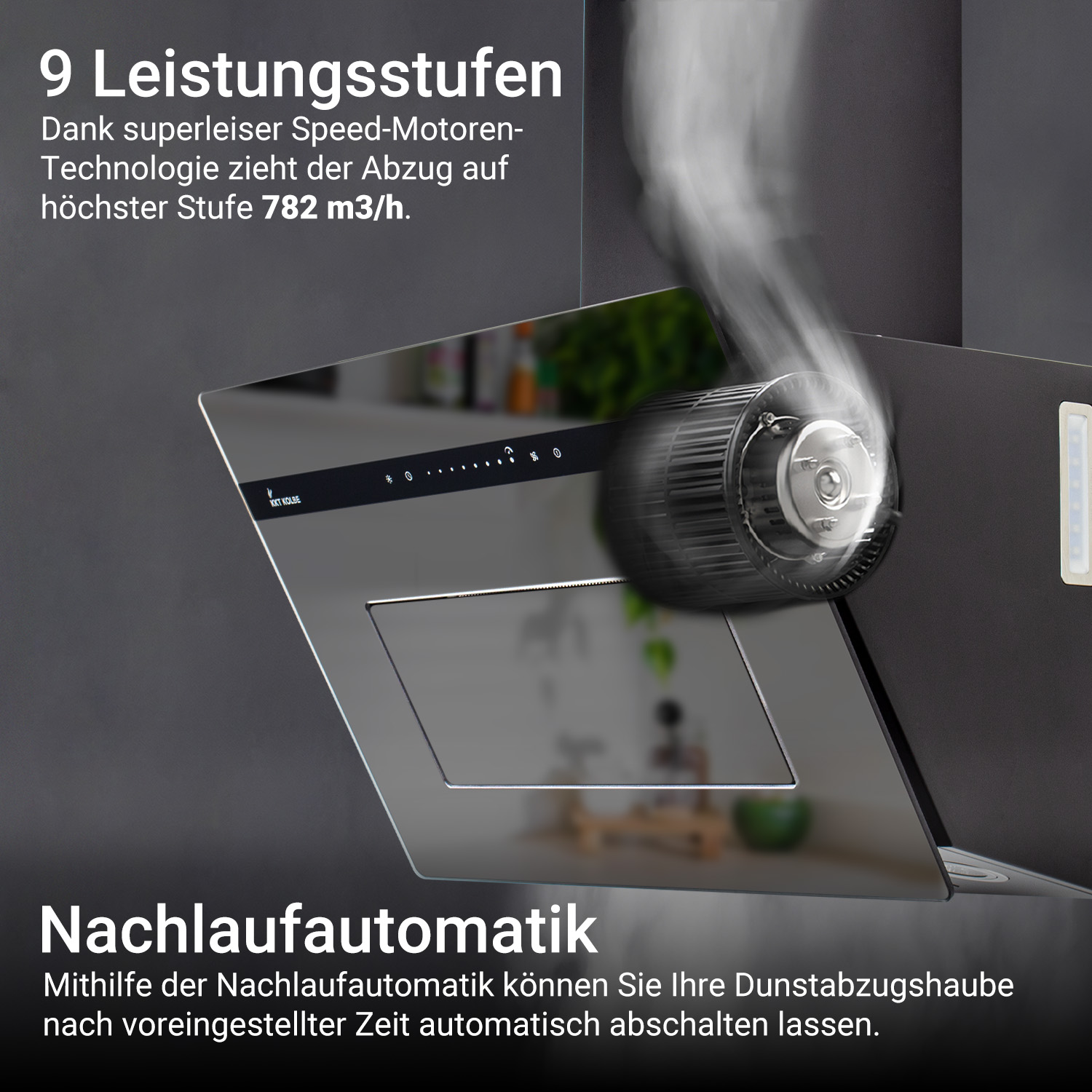 Moderna cappa aspirante con illustrazione del motore e testo in tedesco su prestazioni e spegnimento automatico.
